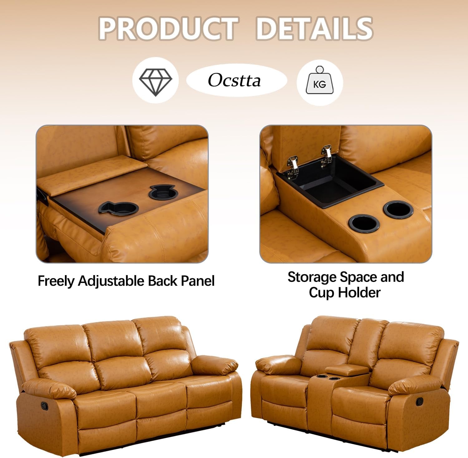 Manual Leather Recliner Sofa Set for Living Room Furniture Set,Leather Recliner Couch Set for Home/Office,Leather Couch Set for 3-Pieces(Sofa+Loveseat+Chair) Ginger, Sofa+Lovsesat+Chair-2