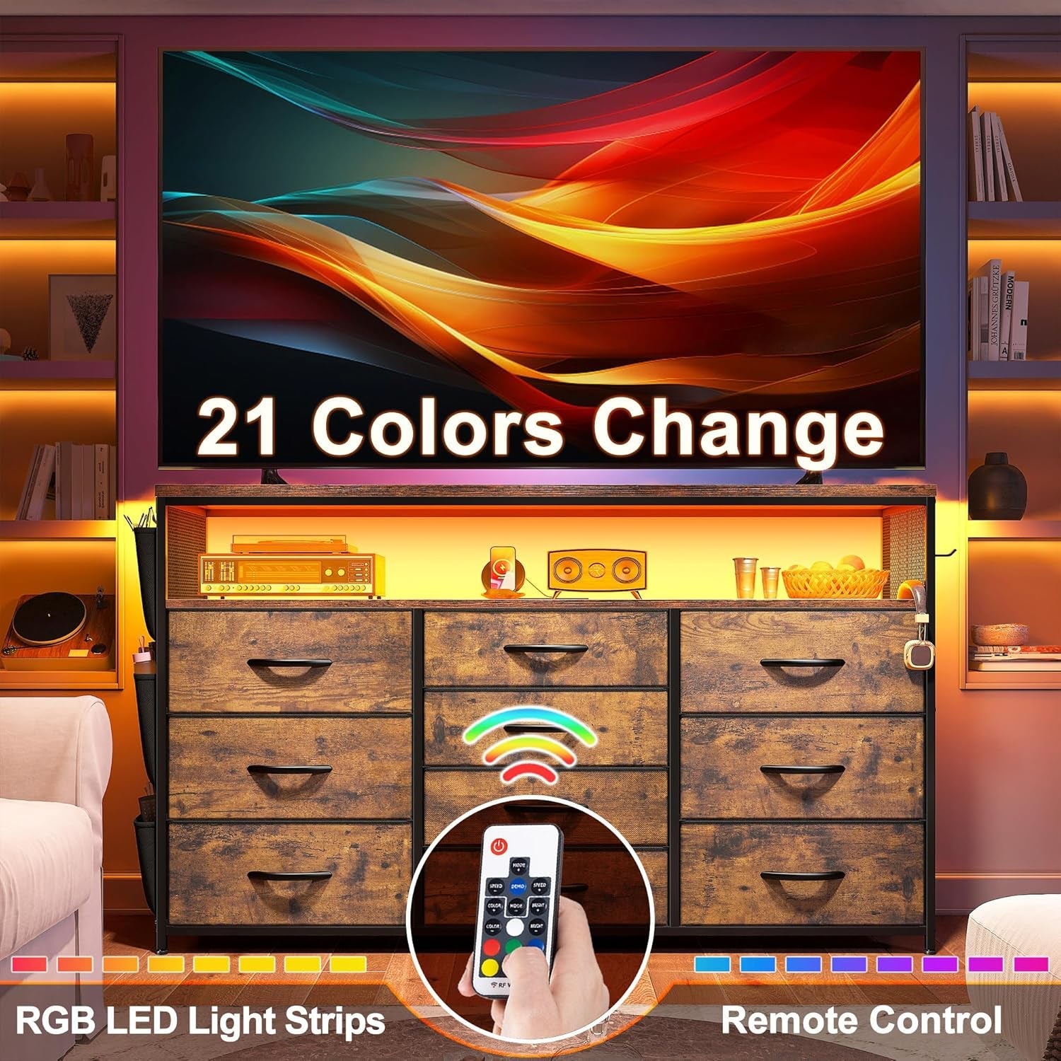 Dresser TV Stand with 10 Drawers for 55" TV Stand for Bedroom with LED Lights & Power Outlets Wide Dresser for Bedroom with Shelves & Side Pockets Sturdy Metal Frame & Wood Top, Rustic Brown-3