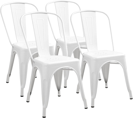 Metal Dining Chair Indoor Outdoor Use Stackable Classic Trattoria Chair Chic Dining Bistro Cafe Side Metal Chairs Set of 4 (Ivory White)-0