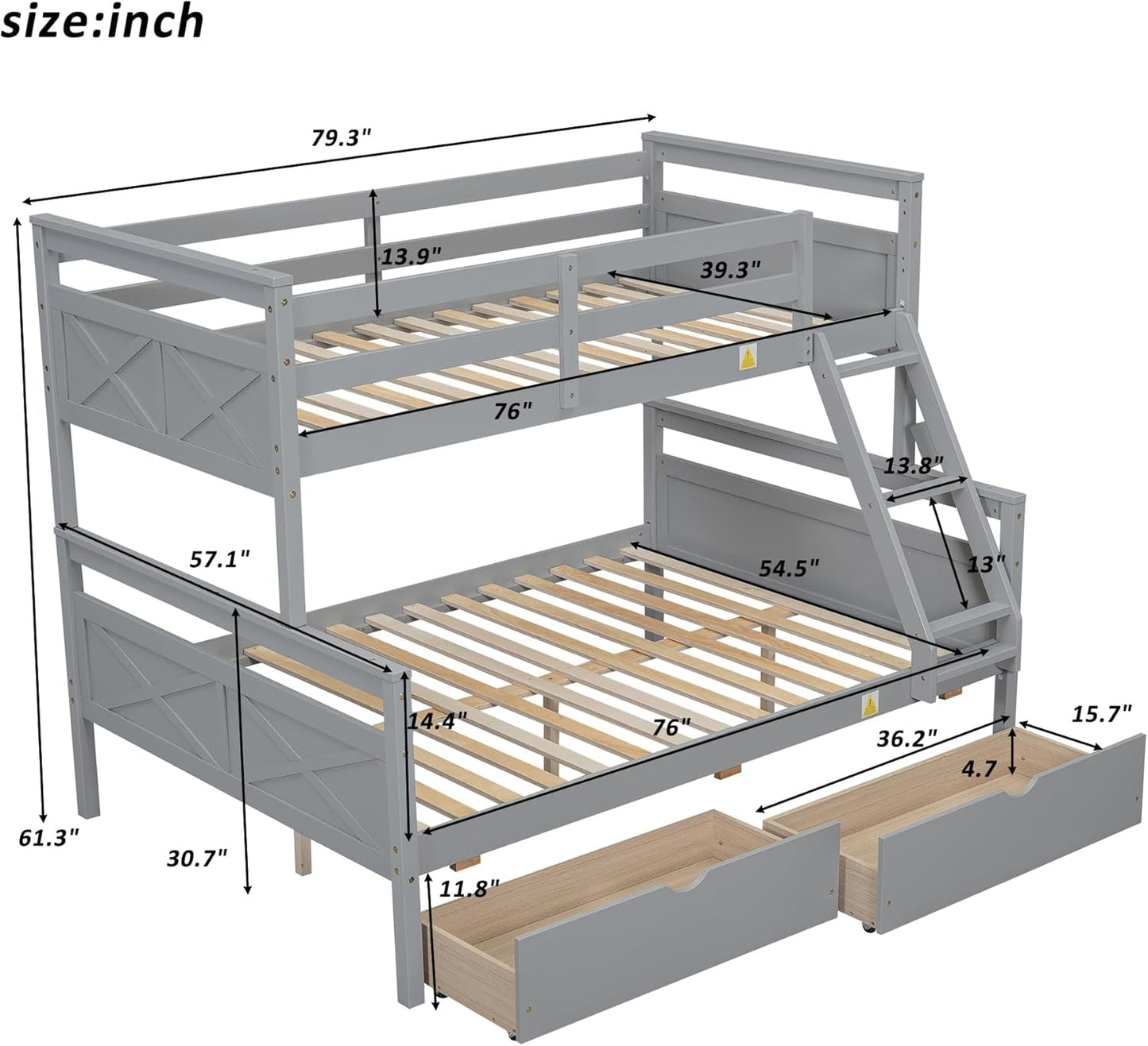 Twin over Full Bunk Bed with 2 Storage Drawers, Ladder and Guardrail, Can Be Converted into 2 Separated Beds, Grey-1