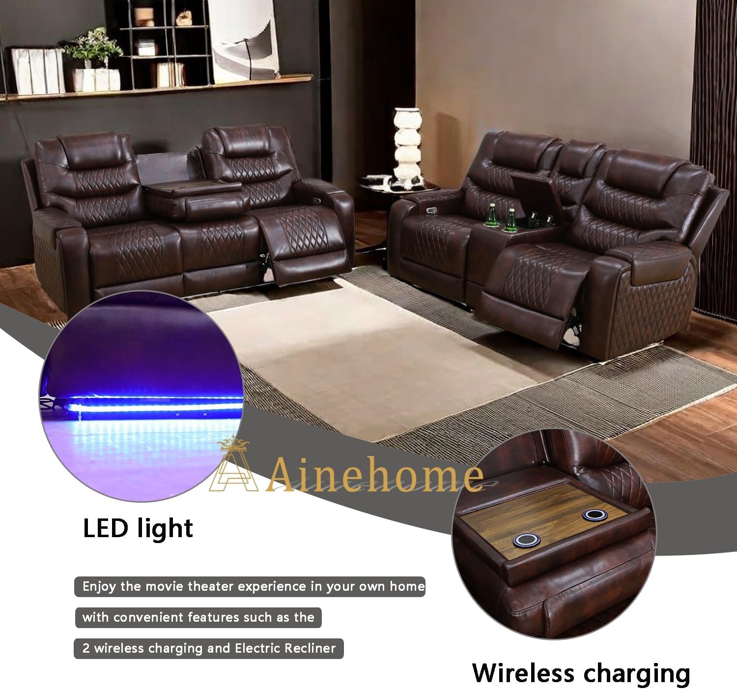 LED Power Recliner Sofa for Living Room Furniture Set, Leather Sectional Sofa Set, Recliner Chair Set Reclining Sofa and Loveseat with USB Port/Storage Console/Cup Holders(Dark Brown Sofa)-2
