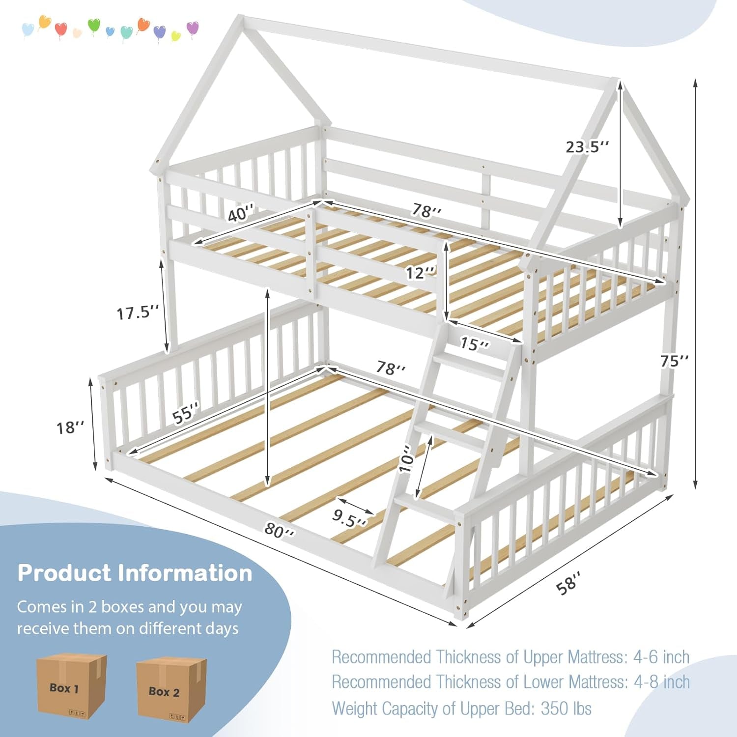 Wood Twin over Full Bunk Bed, Solid Wood House Bed Frame Built in Ladder & Safety Guardrails, Convertible to 2 Beds, Floor Bunk Bed for Kids Teens Juniors, No Box Spring Needed, White-1