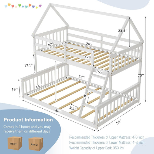 Wood Twin over Full Bunk Bed, Solid Wood House Bed Frame Built in Ladder & Safety Guardrails, Convertible to 2 Beds, Floor Bunk Bed for Kids Teens Juniors, No Box Spring Needed, White-1