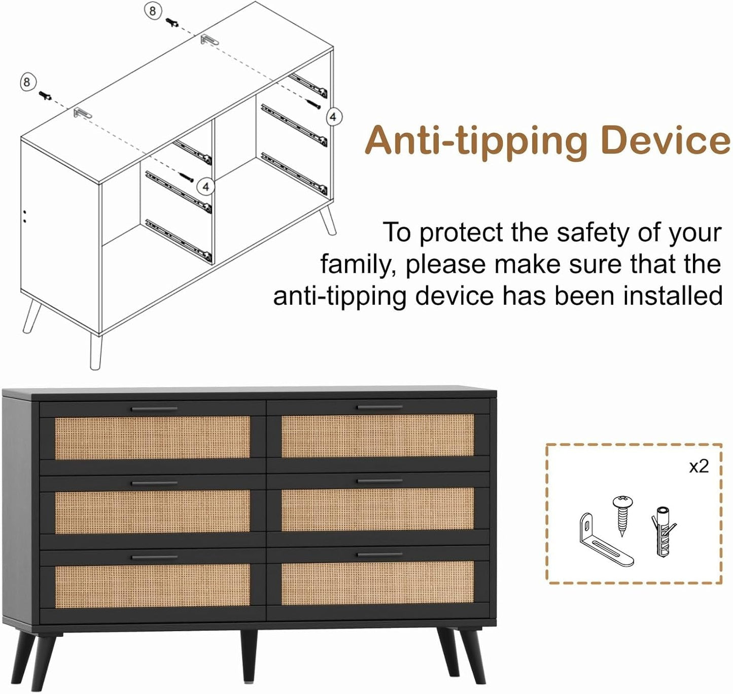 6 Drawer Double Dresser for Bedroom, Rattan Chest of Dressers, Modern Wooden Dresser Chest with Golden Handles, beside Table for Closet, Living Room and Entryway, Black and Natural-1