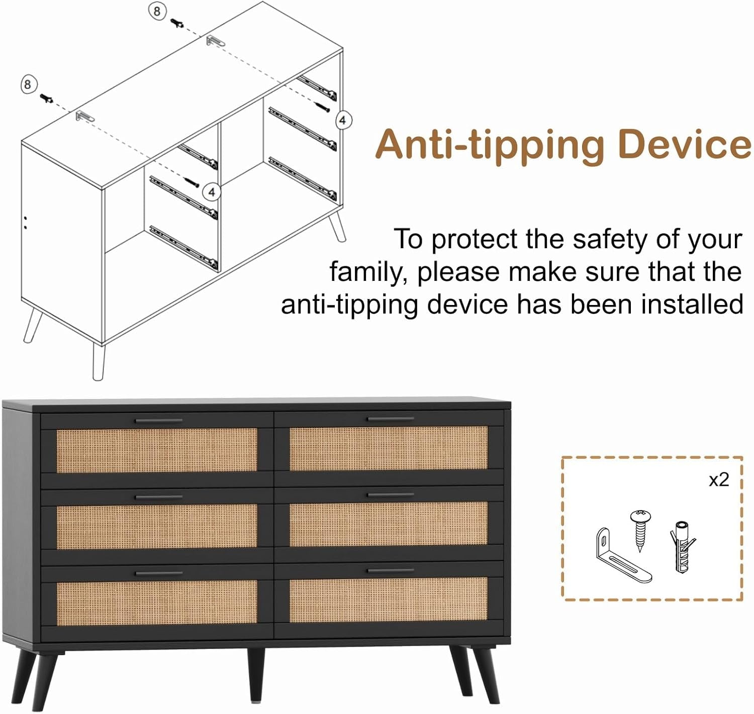 6 Drawer Double Dresser for Bedroom, Rattan Chest of Dressers, Modern Wooden Dresser Chest with Golden Handles, beside Table for Closet, Living Room and Entryway, Black and Natural-1