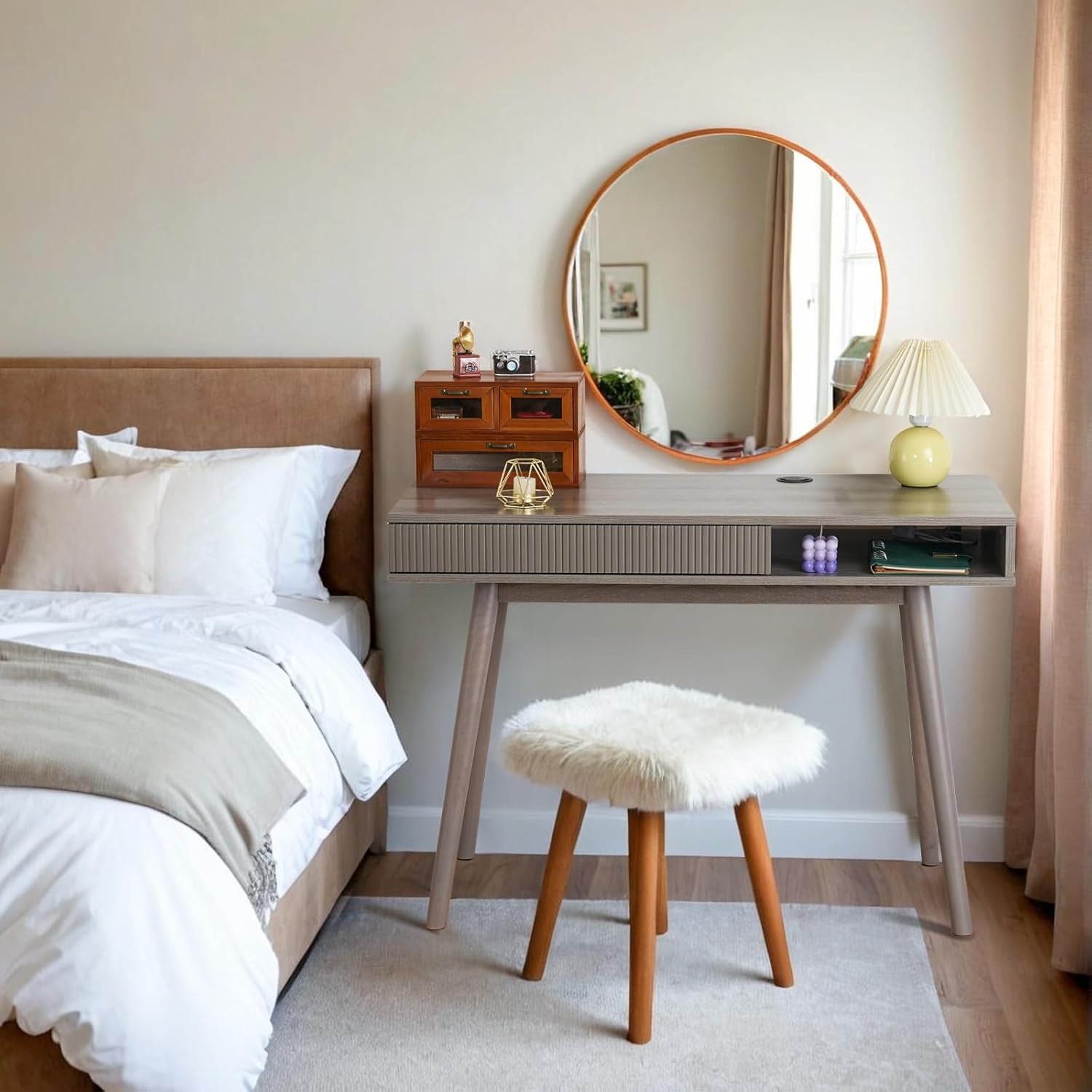 Office Desk Mid Century Modern Desk Writing Desk with Drawer Simple Home Office Desk Mid Century Desk, Grey-2