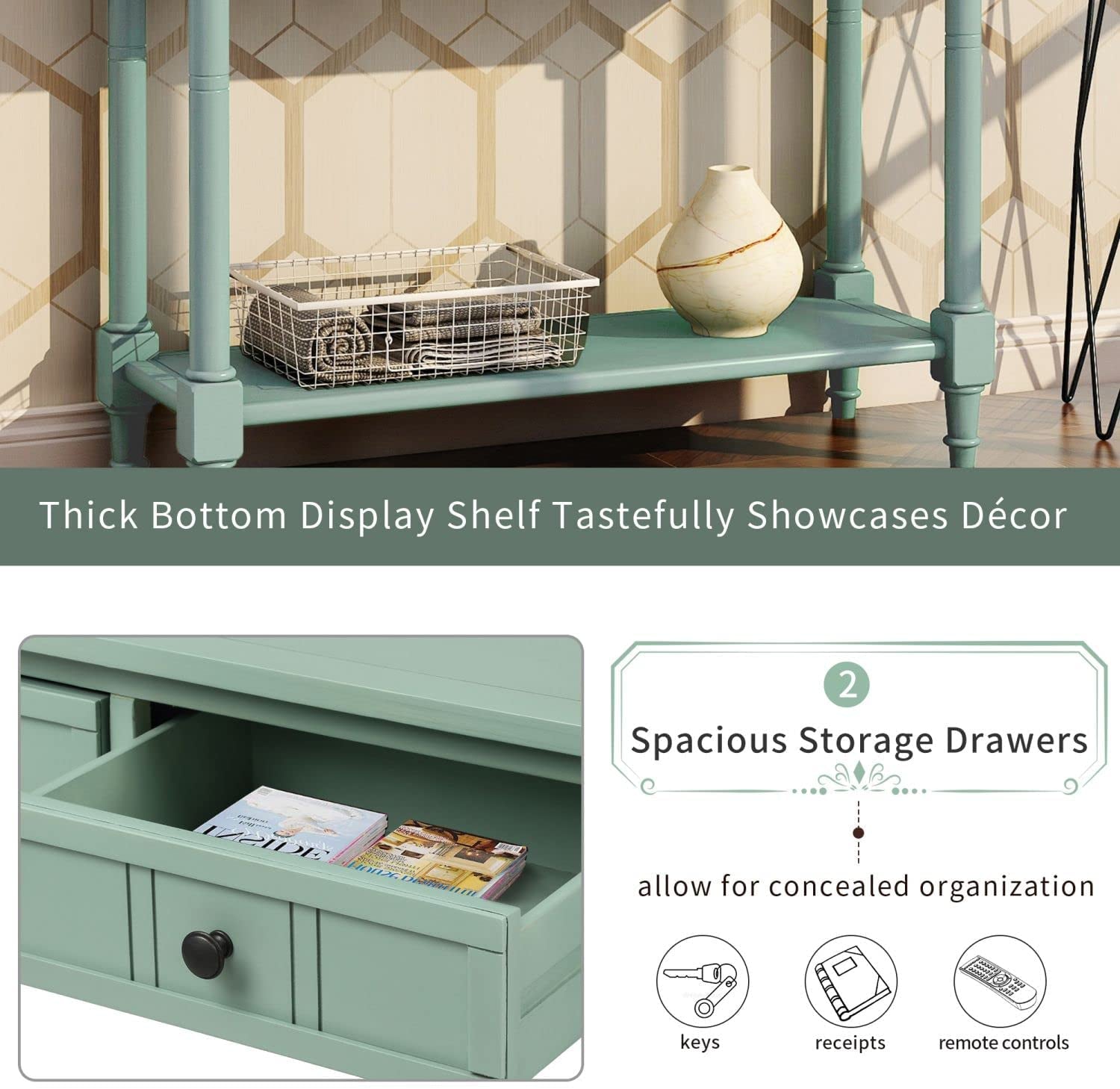 Rustic Green Console Table with Storage Drawers-3
