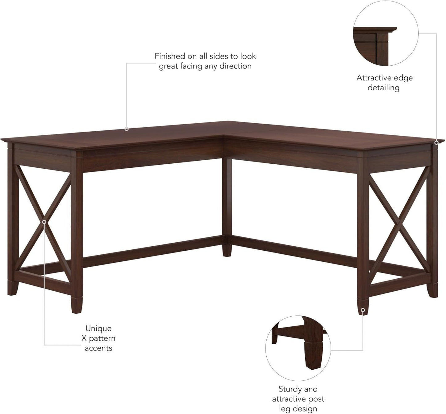Bush Furniture Key West 60W Modern Farmhouse L Shaped Desk in Bing Cherry | 60-Inch Corner Table for Home Office-4