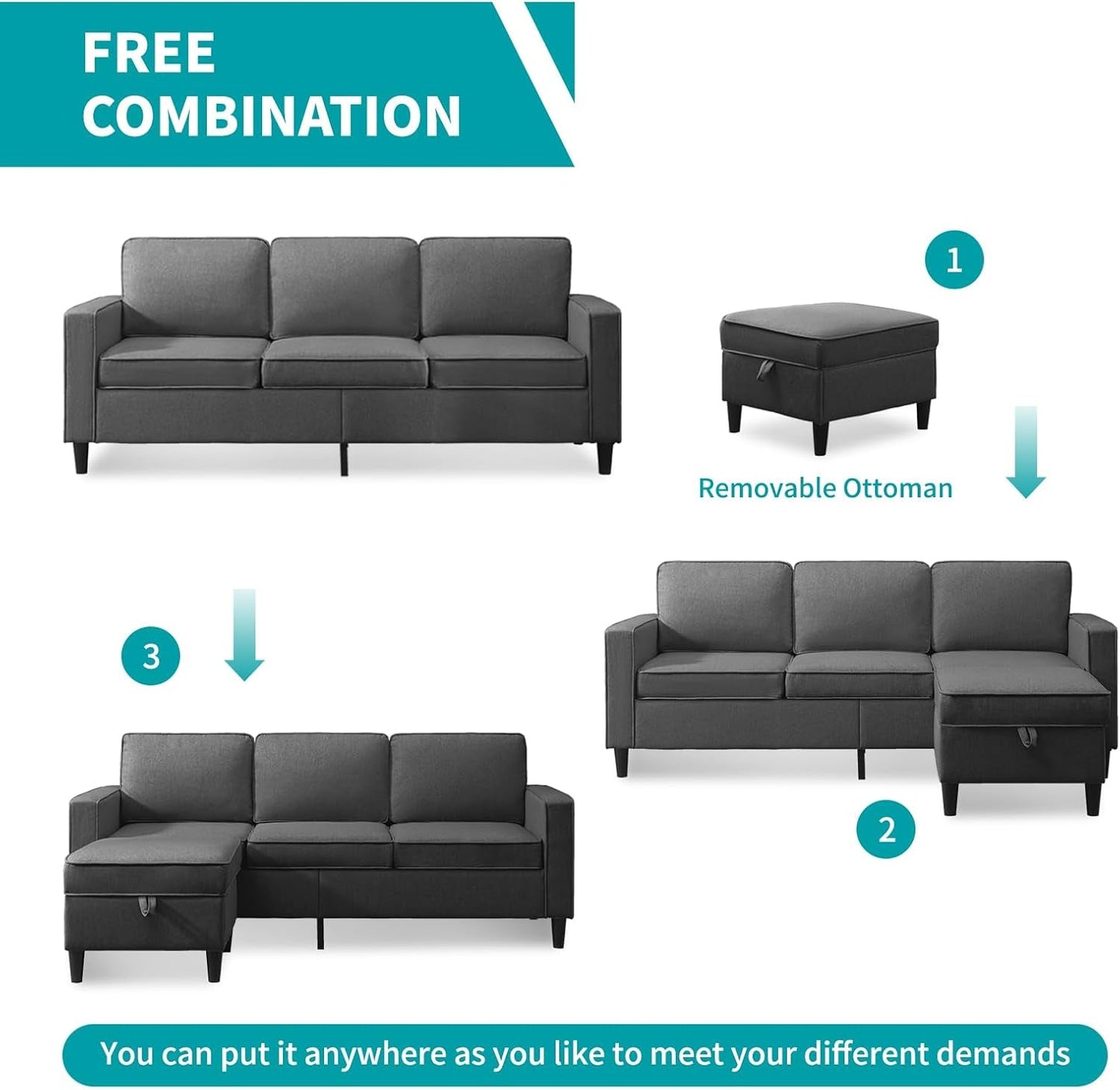 78" 4 Piece Living Room Sofa Set, 3 Seater Sofa with Storage Ottoman and Loveseat and Armchair Furniture Set, Modern Linen L Shaped Sectional Couches for Living Room Apartment (Dark Grey)-3