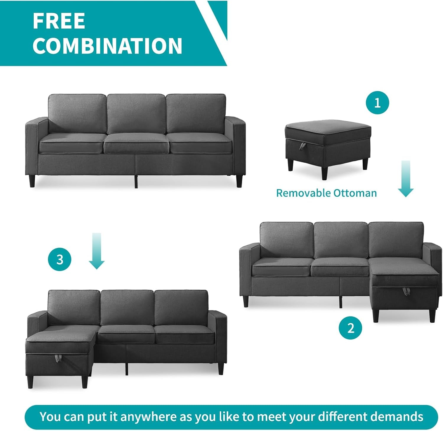 78" 4 Piece Living Room Sofa Set, 3 Seater Sofa with Storage Ottoman and Loveseat and Armchair Furniture Set, Modern Linen L Shaped Sectional Couches for Living Room Apartment (Dark Grey)-3