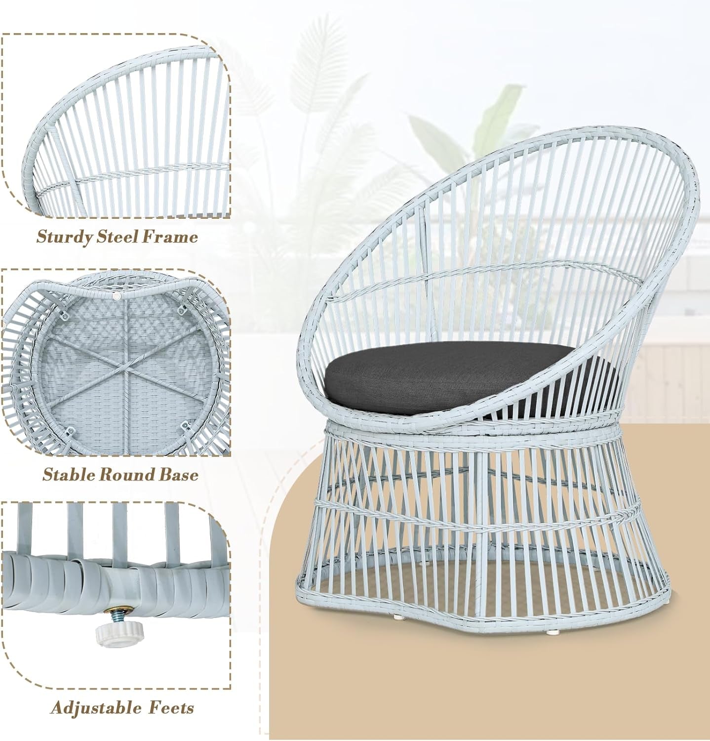 Outdoor Patio Furniture Set Wicker Bistro Set, 3 Piece Conversation Set All-Weather PE Rattan Chairs with Seat Cushions & Glass Table for Porch, Backyard, Black-3