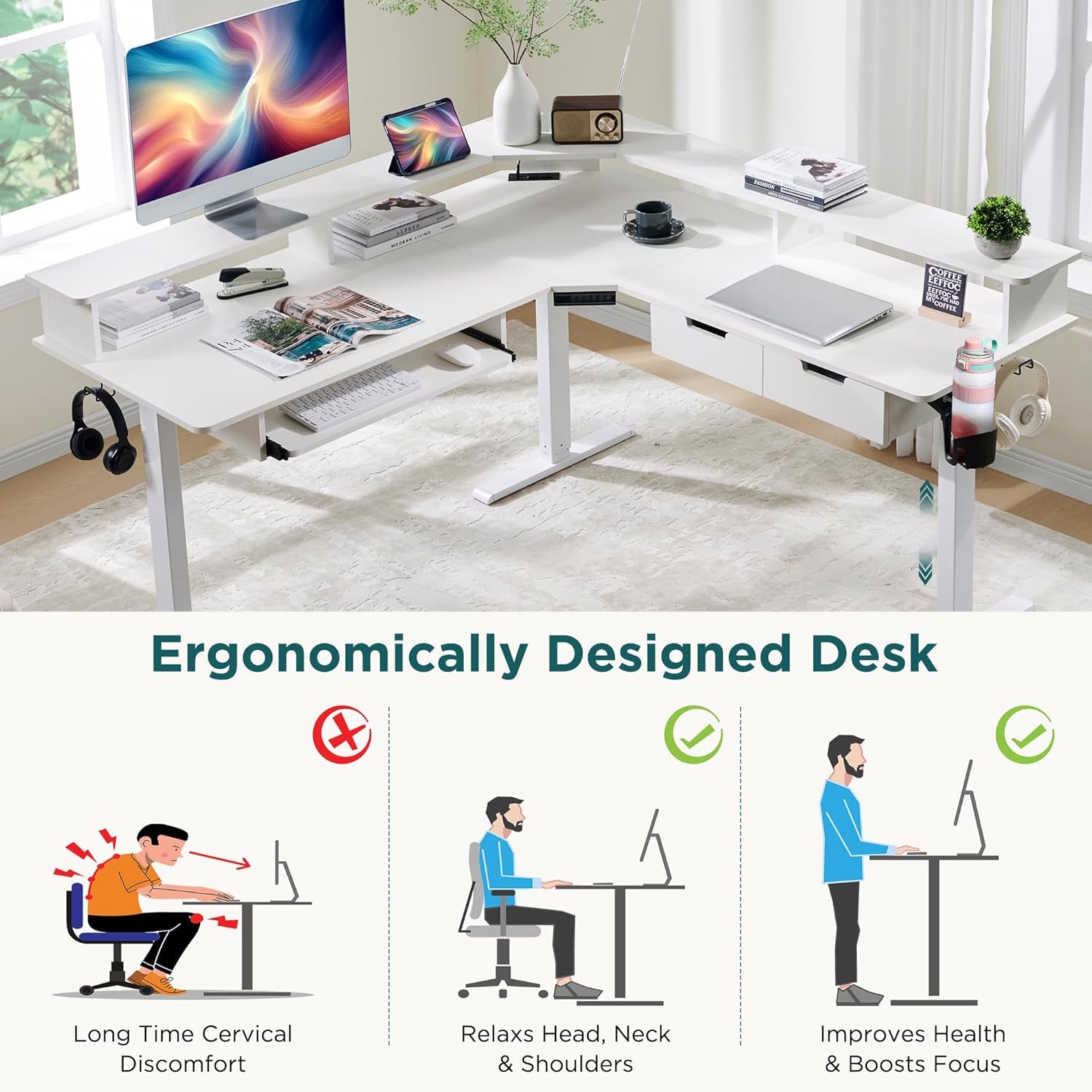 60 Inches L Shaped Electric Standing Desk, Height Adjustable Corner Gaming Desk with Drawers, Keyboard Tray, Power Outlets & LED Lights, Computer Desk with Monitor Shelf, Antique White-3