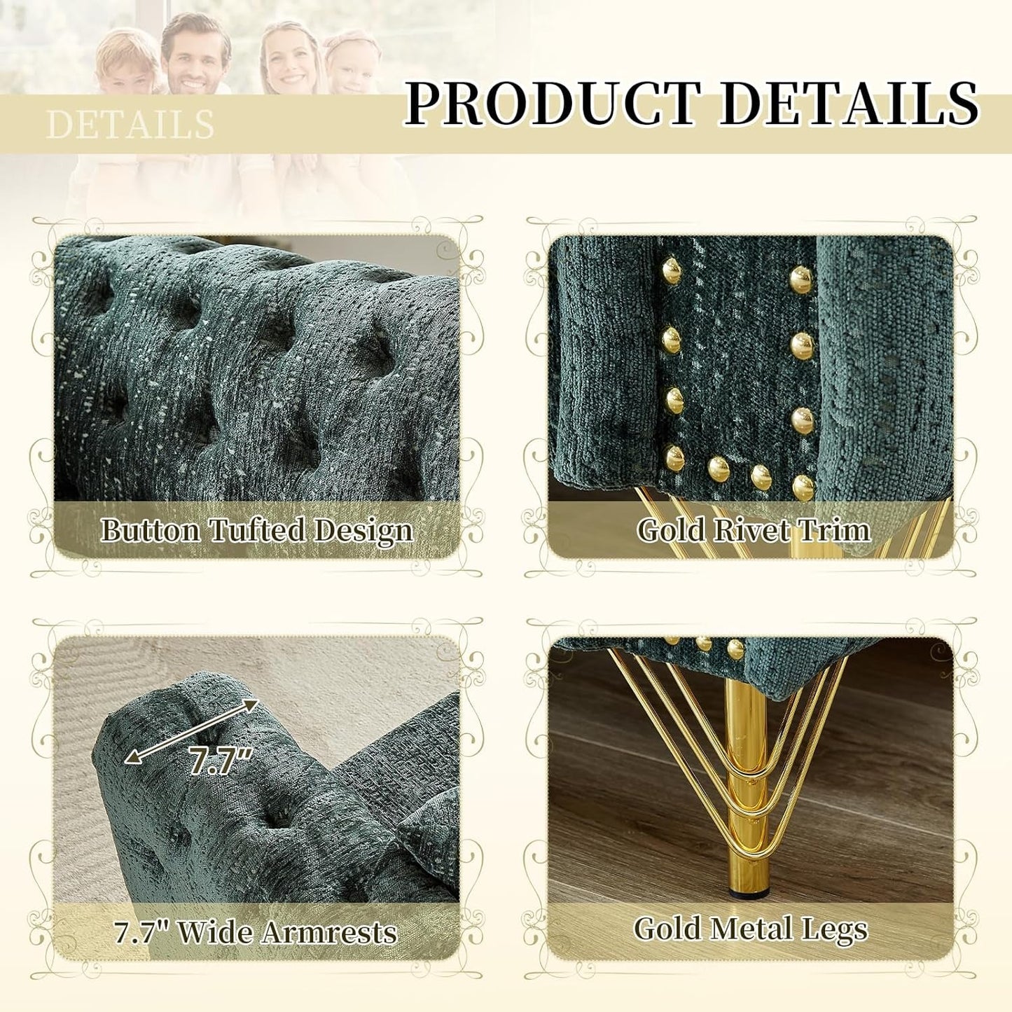 2 Pieces Chenille Living Room Furniture Sofa Couch Set,Button Tufted Comfy Couch with Nailhead Trim&Metal Legs,Mid Century Modern Couch and Loveseat Sets for Living Room(Loveseat+3 Seater Sofa,Green)-3