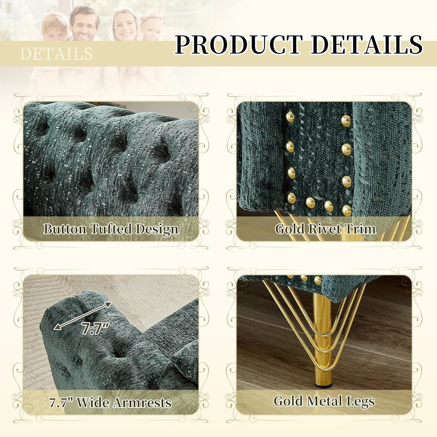 2 Pieces Chenille Living Room Furniture Sofa Couch Set,Button Tufted Comfy Couch with Nailhead Trim&Metal Legs,Mid Century Modern Couch and Loveseat Sets for Living Room(Loveseat+3 Seater Sofa,Green)-3