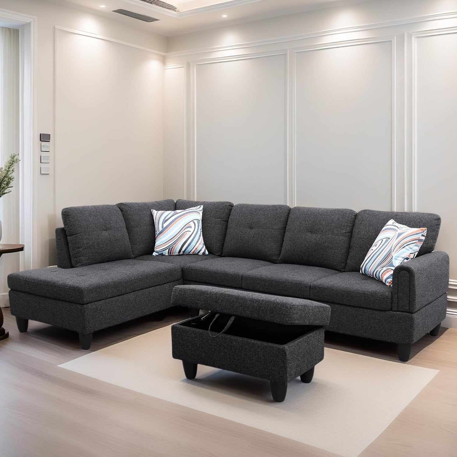 L Shaped Sectional Couches for Living Room, Modern Modular Sectional Sofa with Ottoman Storage, Comfy L Shaped Couch with Chaise for Bedroom Apartment Furniture, Gray-0