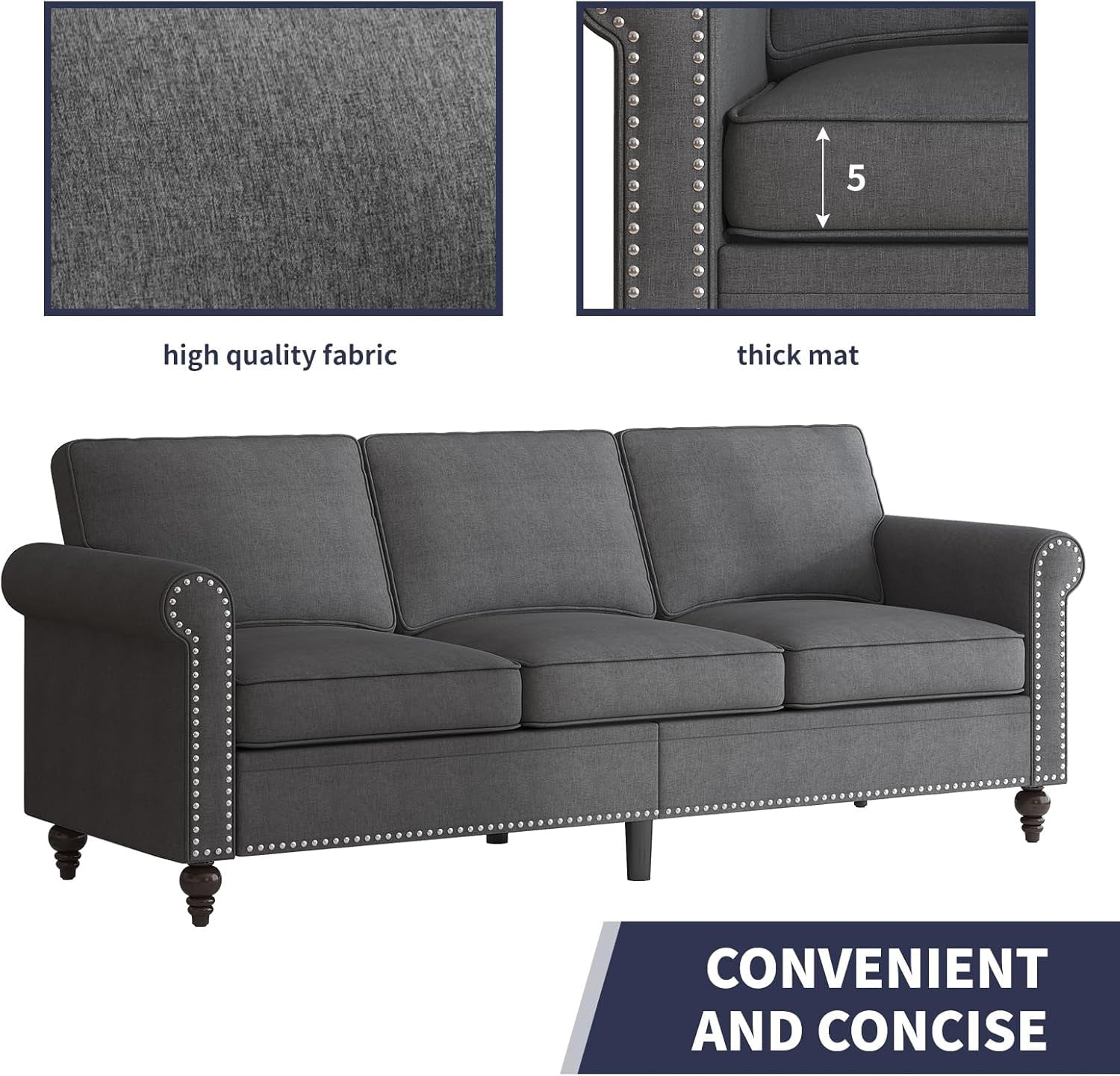 3-Piece Living Room Sectional Sofa Set,Modern Linen Upholstered Sofa with with 5" Thicken Cushion & Nailhead Trim, Living Room Furniture Set- Armchair Loveseat and 3 Seat Sofa(Dark Gray)-2