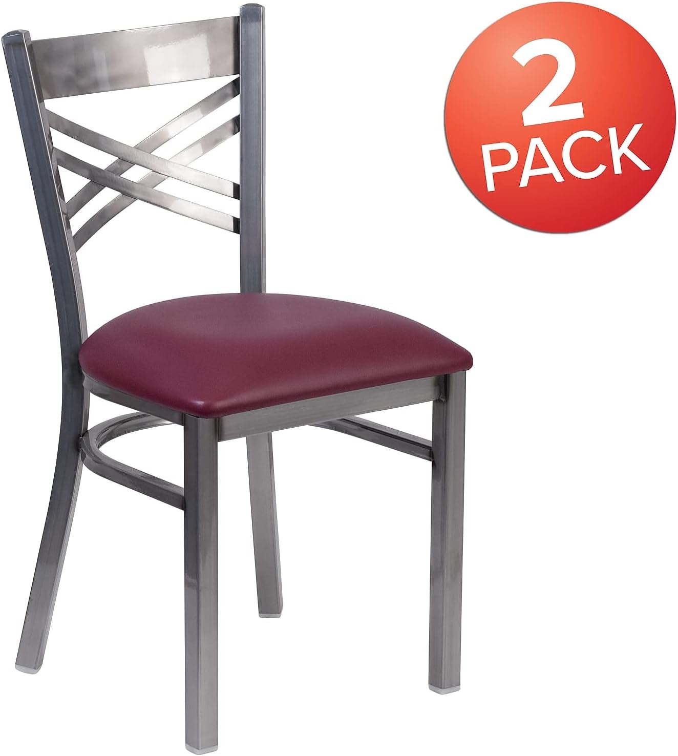 2 Pk. HERCULES Series Clear Coated ''X'' Back Metal Restaurant Chair - Burgundy Vinyl Seat-2