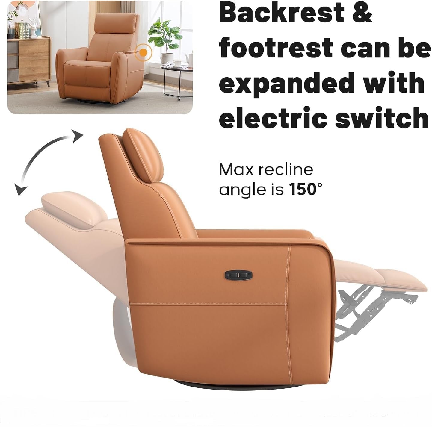Power Rocker Recliner Chair with USB Port, Electric 270° Swivel Glider Recliners for Nursery, FSC Certified Upholstered Leathaire Rocking Reclining Sofa for Living Room, Bedroom, Orange-4