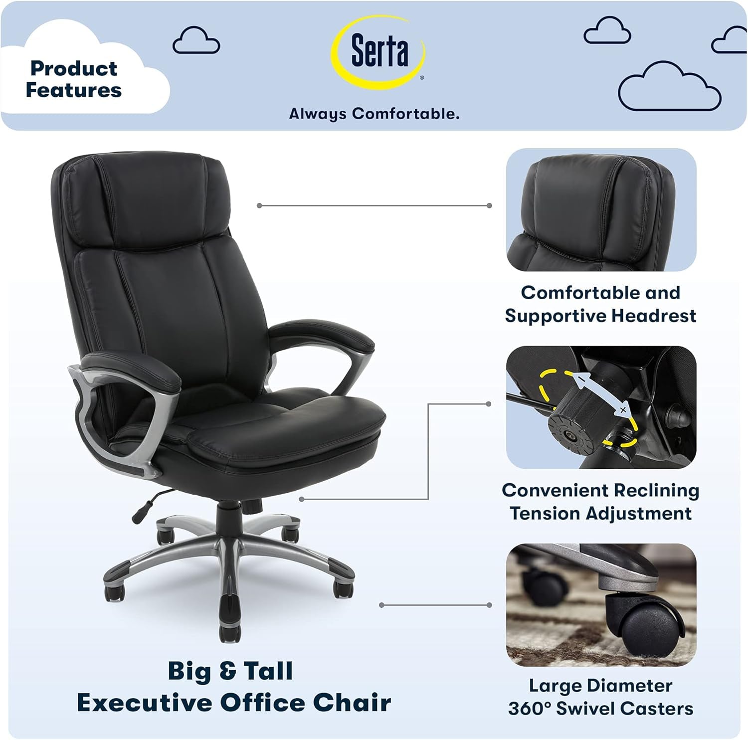 Fairbanks Big and Tall High Back Executive Office Ergonomic Gaming Computer Chair with Layered Body Pillows, Contoured Lumbar Zone, Black-3