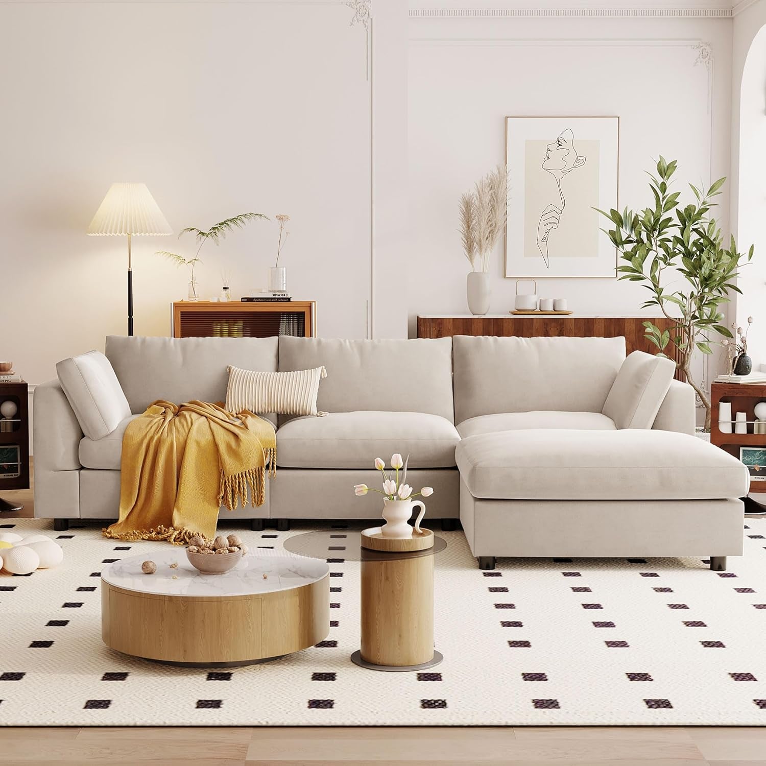 Deep Seat Convertible Sectional Sofa with Movable Ottoman, Comfy Polyester Blend Upholstery Corner Couch with Throw Pillows, 3-Seater L Shaped Sofa&Couches for Living Room Furniture Set-0