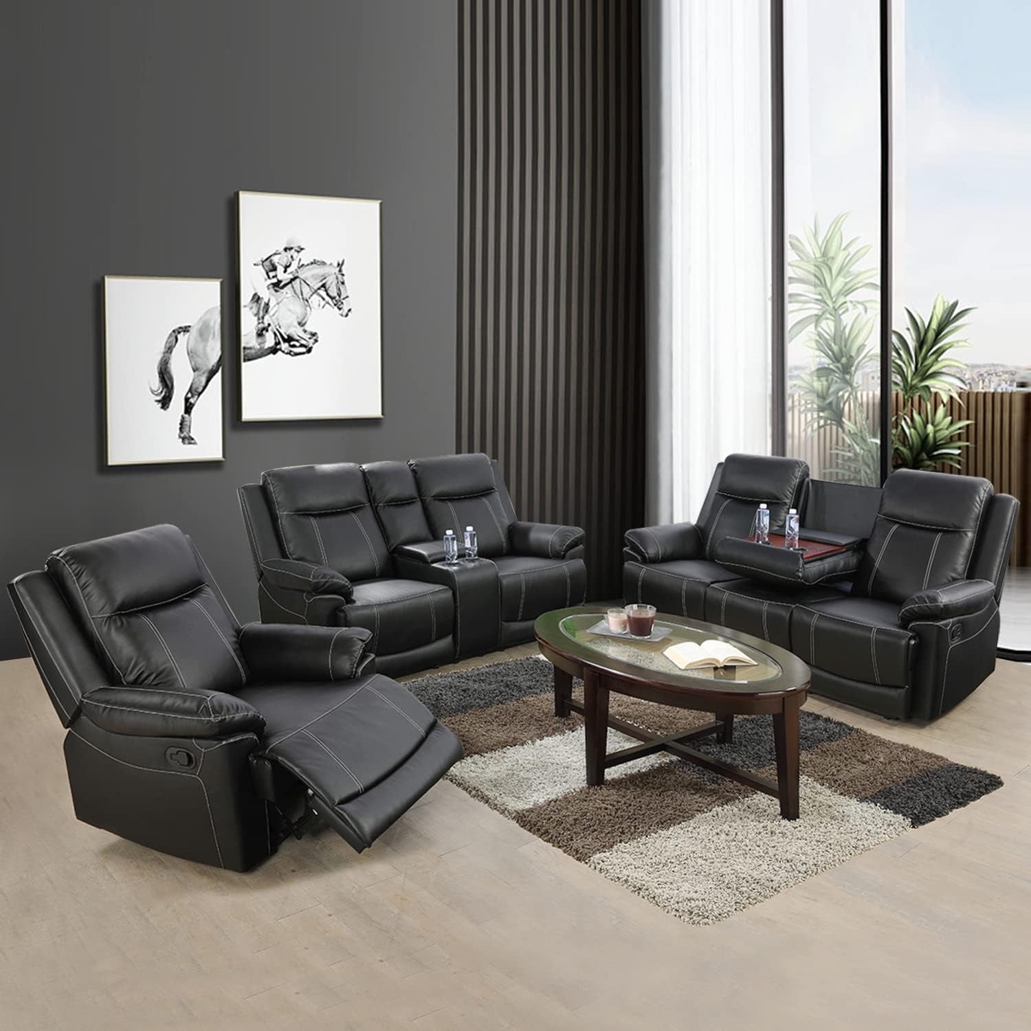 Manual Recliner Sofa Set, Bonded Leather Sofa with Recliners, Reclining Couch Set with Storage Console and Cup-Holders for Living Room/House/Bedroom/Office/Apartment (Black / 3 Pieces Set)-1