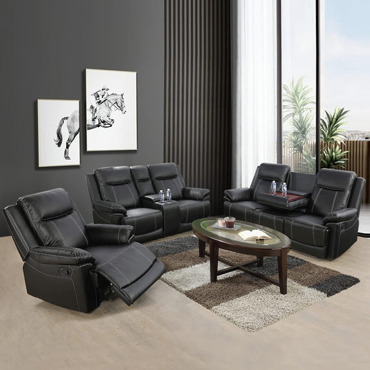 Manual Recliner Sofa Set, Bonded Leather Sofa with Recliners, Reclining Couch Set with Storage Console and Cup-Holders for Living Room/House/Bedroom/Office/Apartment (Black / 3 Pieces Set)-1