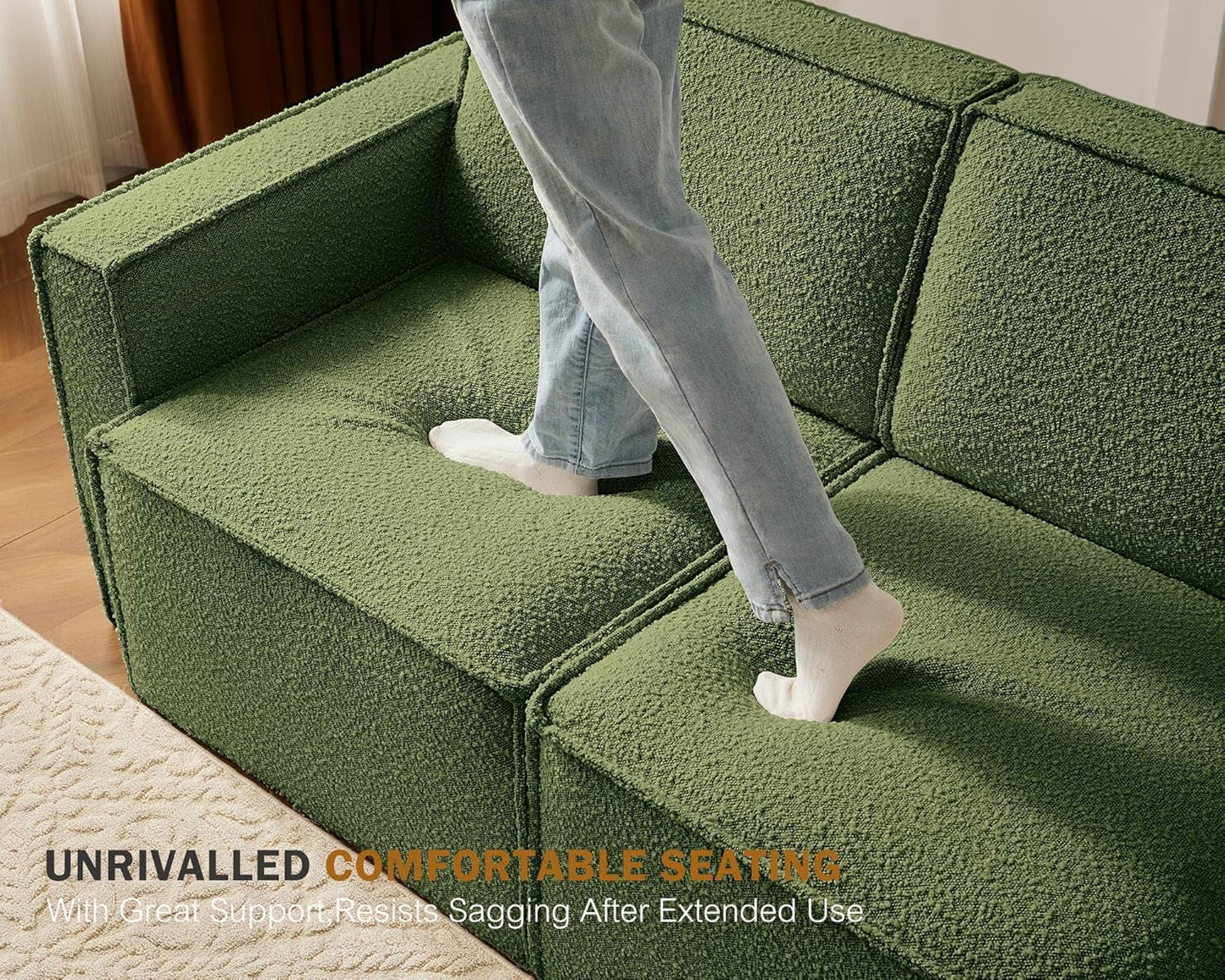 Green Boucle Sleeper Sectional Modular Sofa Bed-4