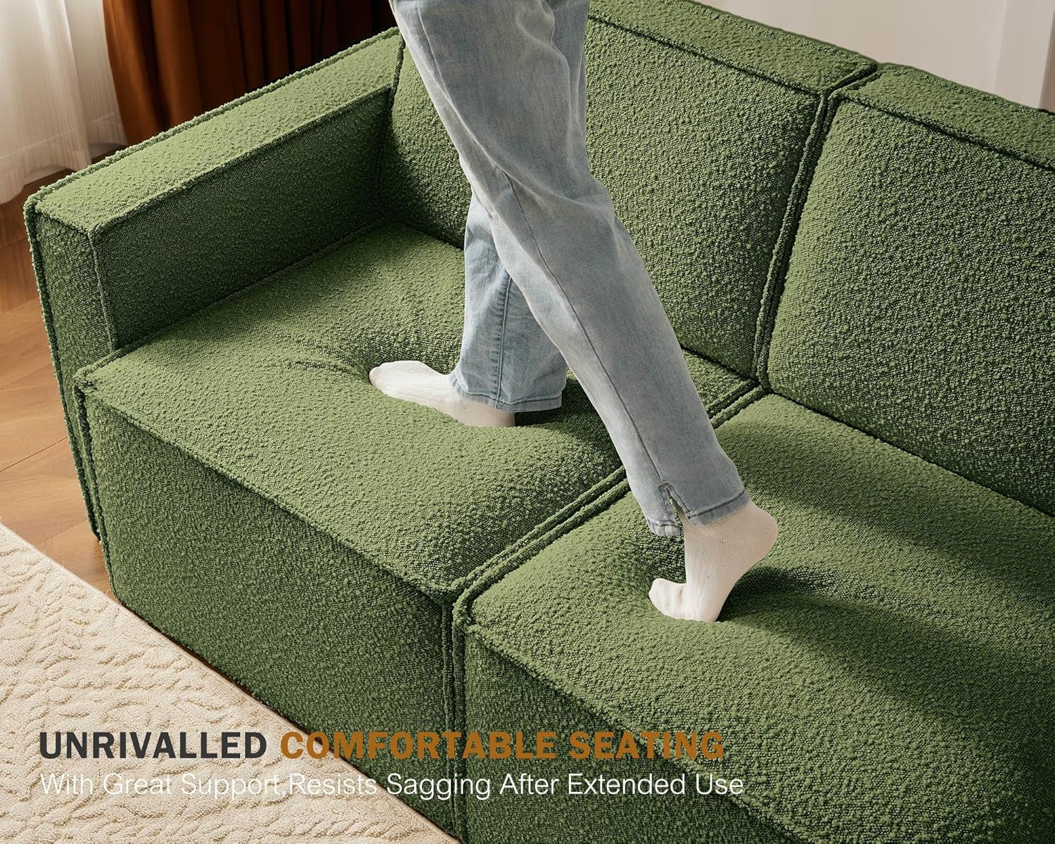 Green Boucle Sleeper Sectional Modular Sofa Bed-4