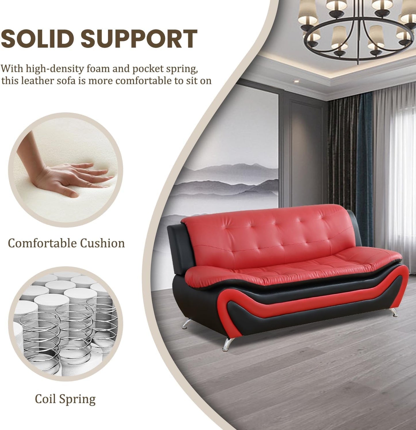 Faux Leather Sofa Couch Set, Living Room Sofa and Loveseat Set, Leather Couch and Loveseat Set for Living Room Office Home (2 Piece Leather Living Room Set, Red)-2