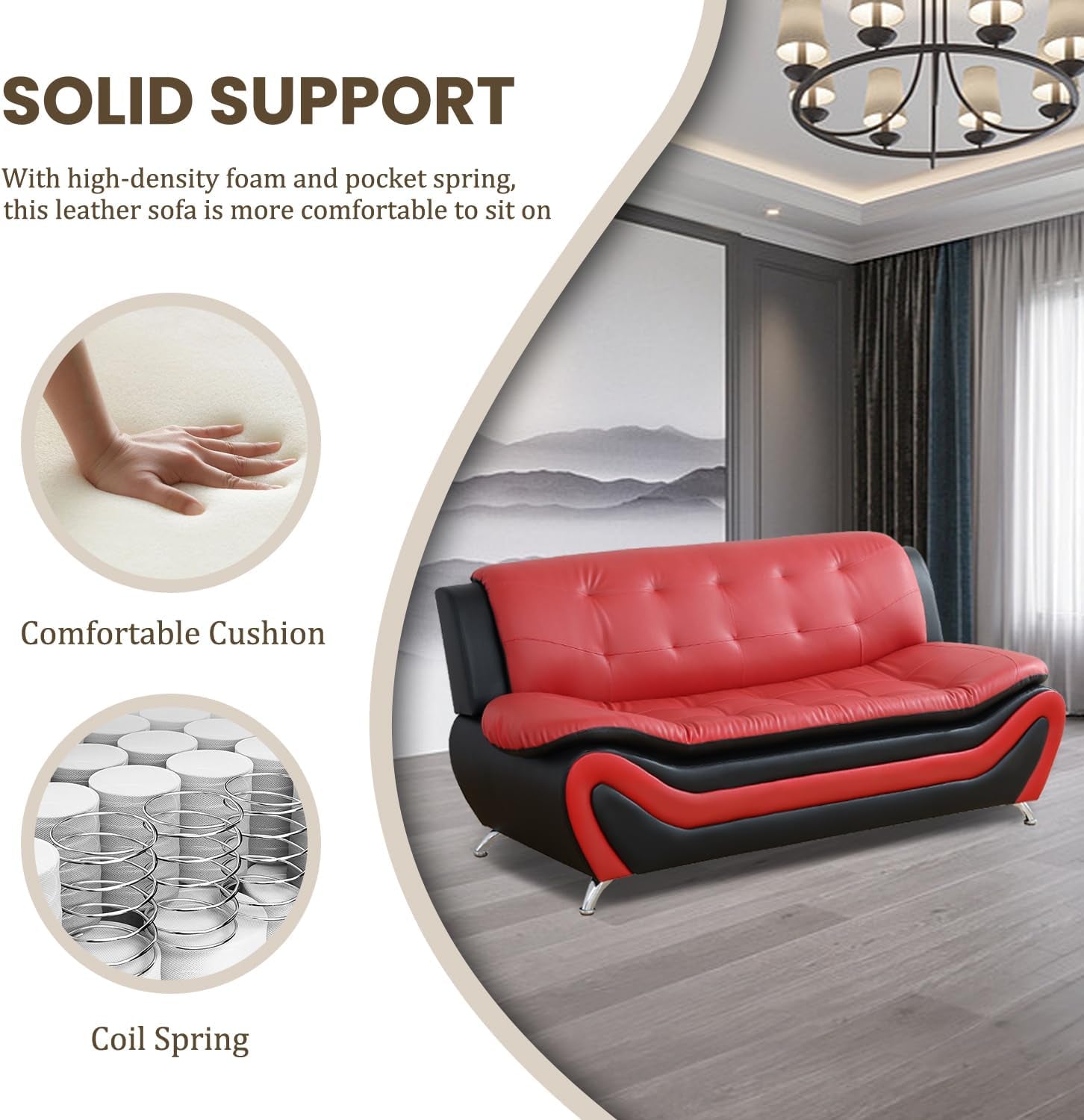 Faux Leather Sofa Couch Set, Living Room Sofa and Loveseat Set, Leather Couch and Loveseat Set for Living Room Office Home (2 Piece Leather Living Room Set, Red)-2