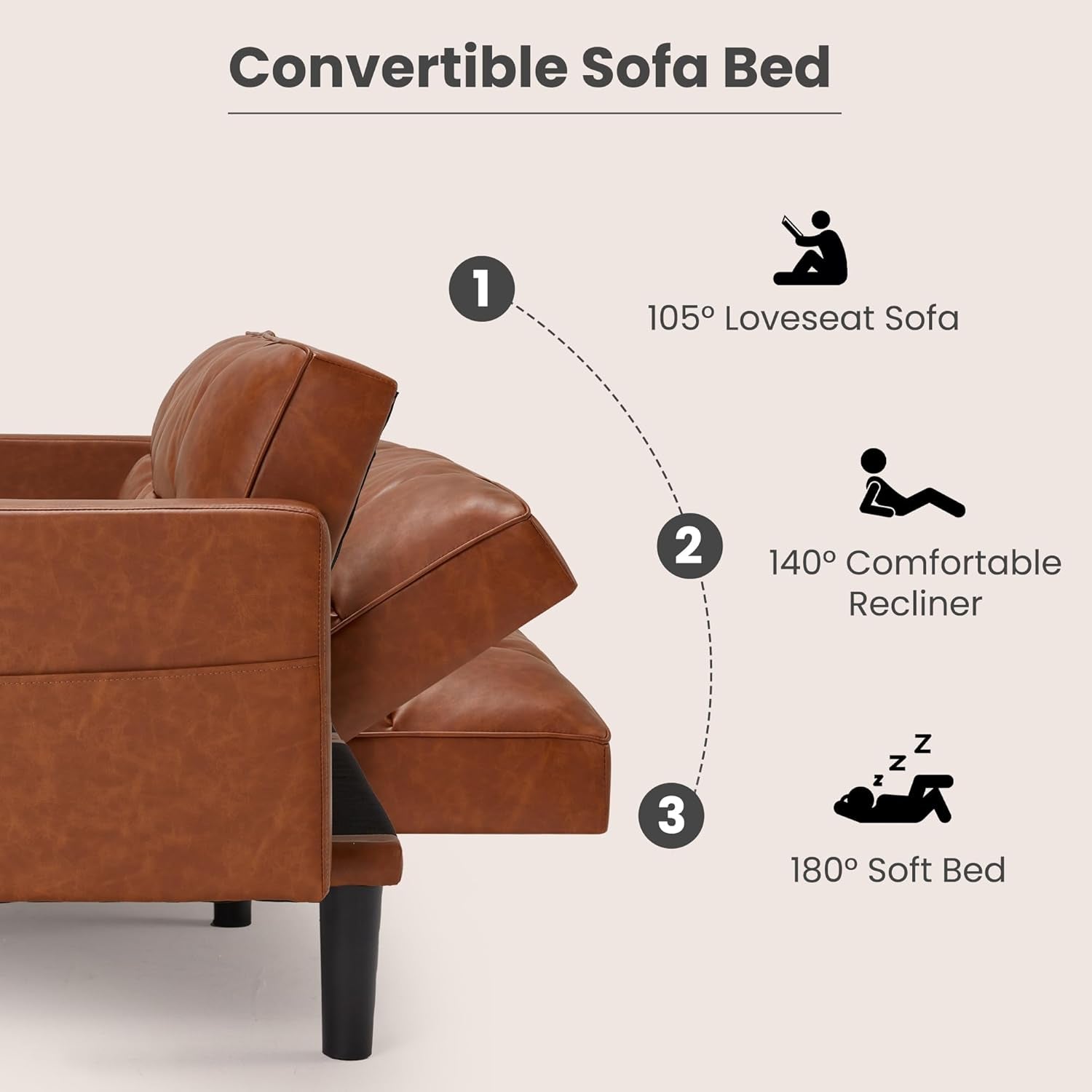 Faux Leather Futon Couch, Convertible Sofa Bed with Adjustable Back, Modern Sleeper Sofa for Living Room, Brown-2