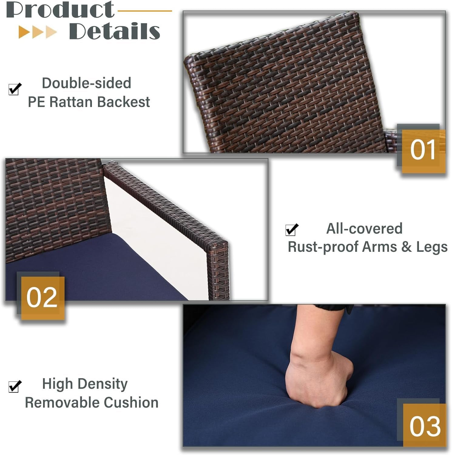 Patio Outdoor Table and Chairs Set with Umbrella Navy, Patio Dining Sets for 6, 7 Pieces Patio Table Set Clearance for Backyard Deck Porch Outside, Metal Table with Hole & Cushioned Rattan Chairs-3