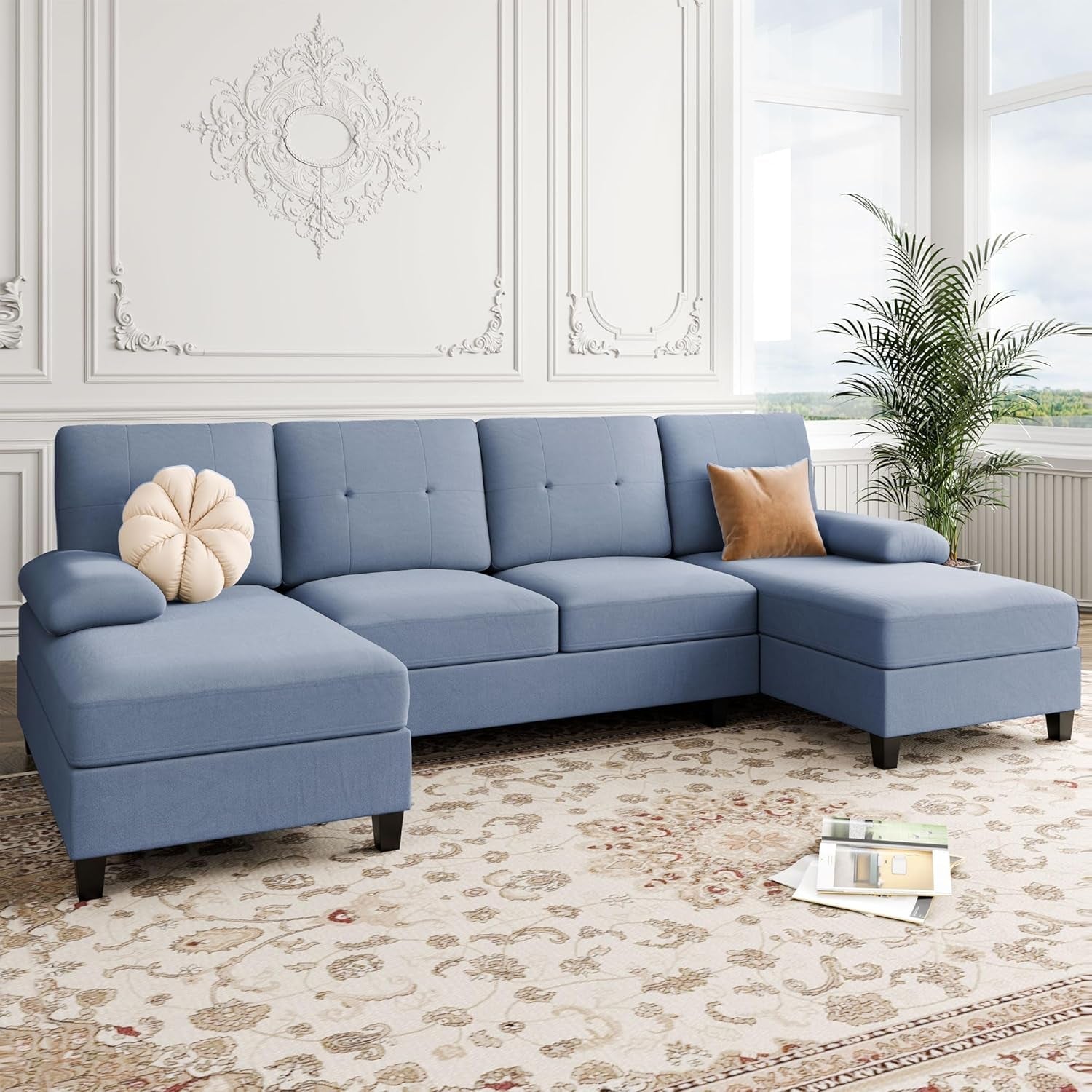 U-Shaped Sectional Sofa with Double Chaise, 4-Seat Linen Fabric Living Room Furniture Set, High-Density Cushions for Ultimate Comfort & Modern Style, Blue-0