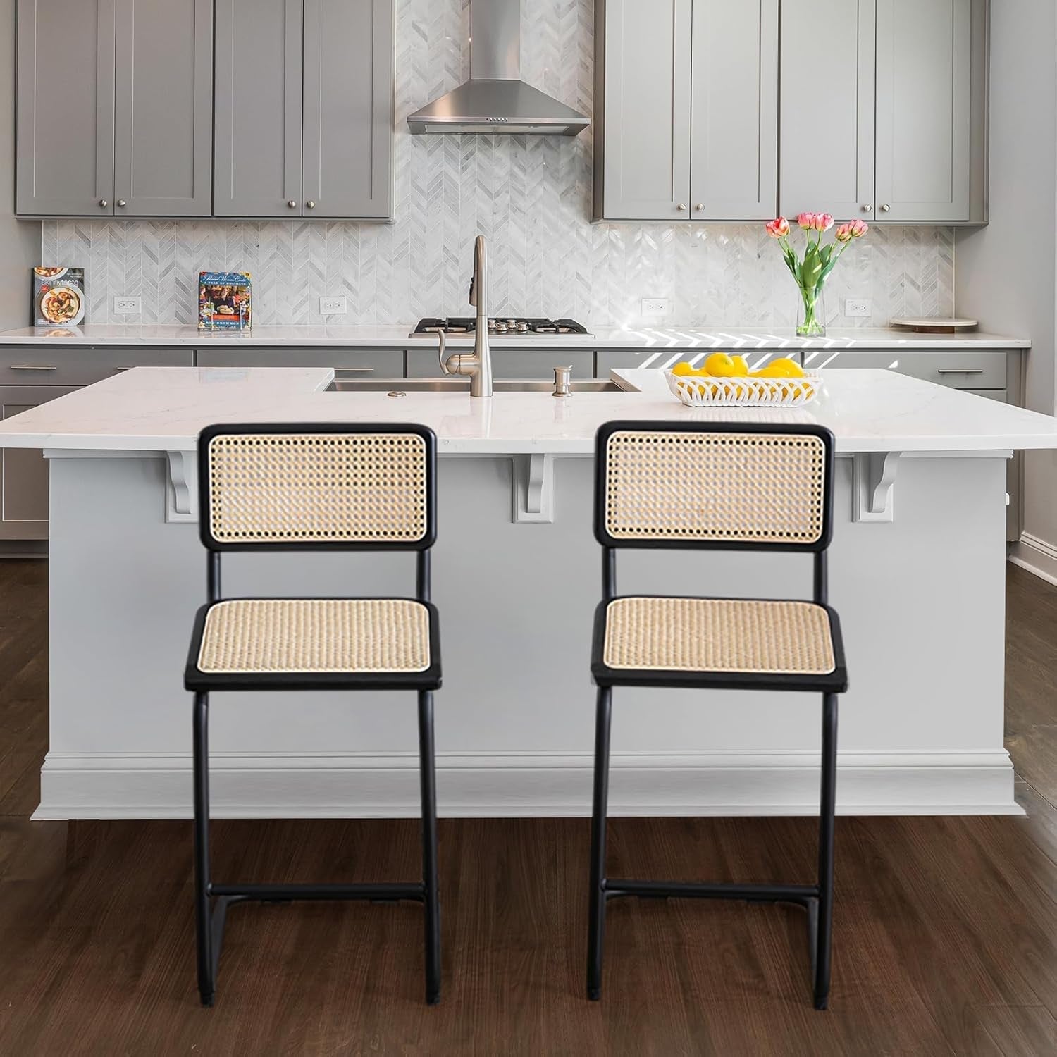 Black Rattan Counter Stools with Cane (Set 4)-0