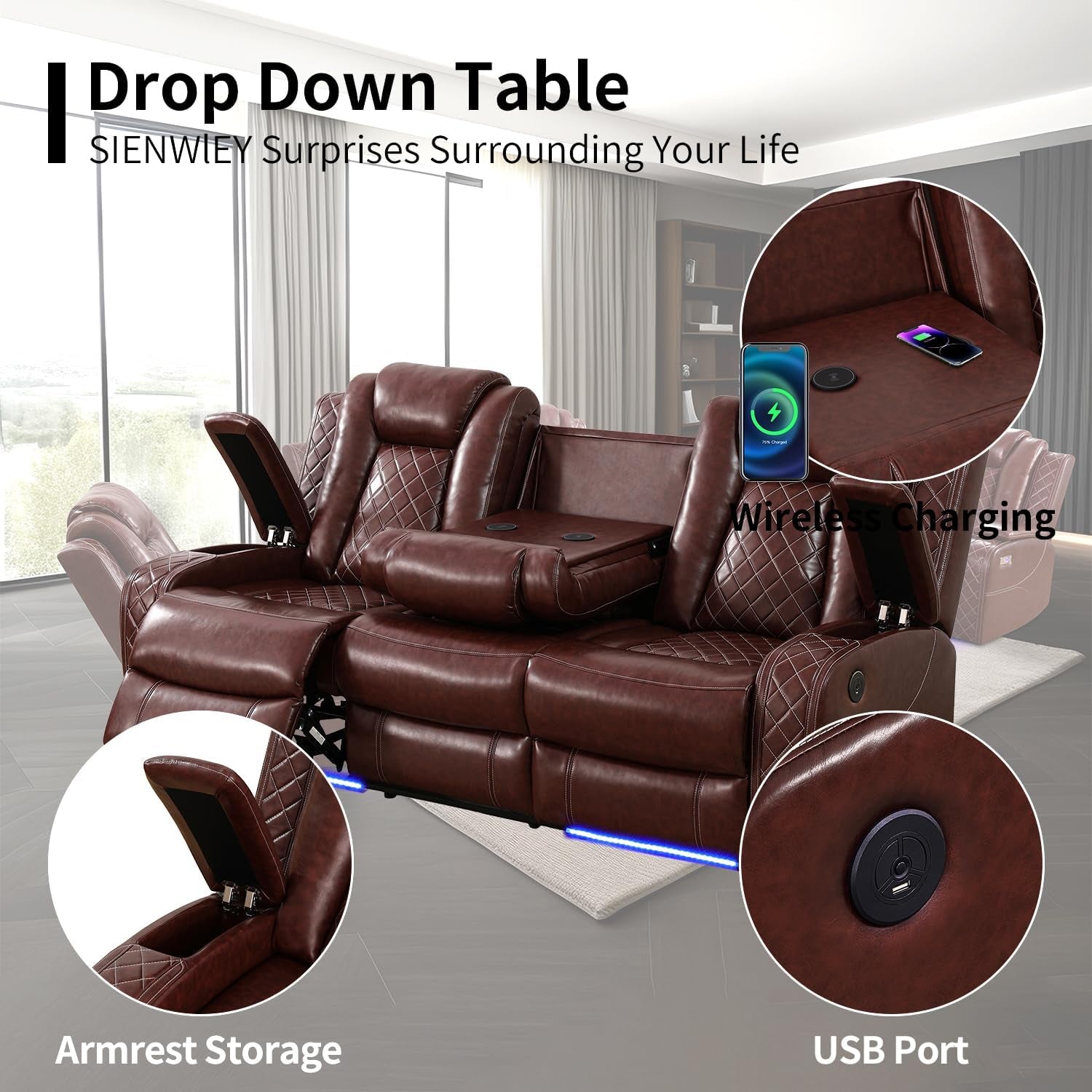 Power Brown Leather Reclining Sofa Set with LED Light for Living Room Set，Theater Seat Recliner Chair and 3 Seats Double Recliner Sofa with Drop-Down Table/Read Light/Wireless Charge/Usb Port-2