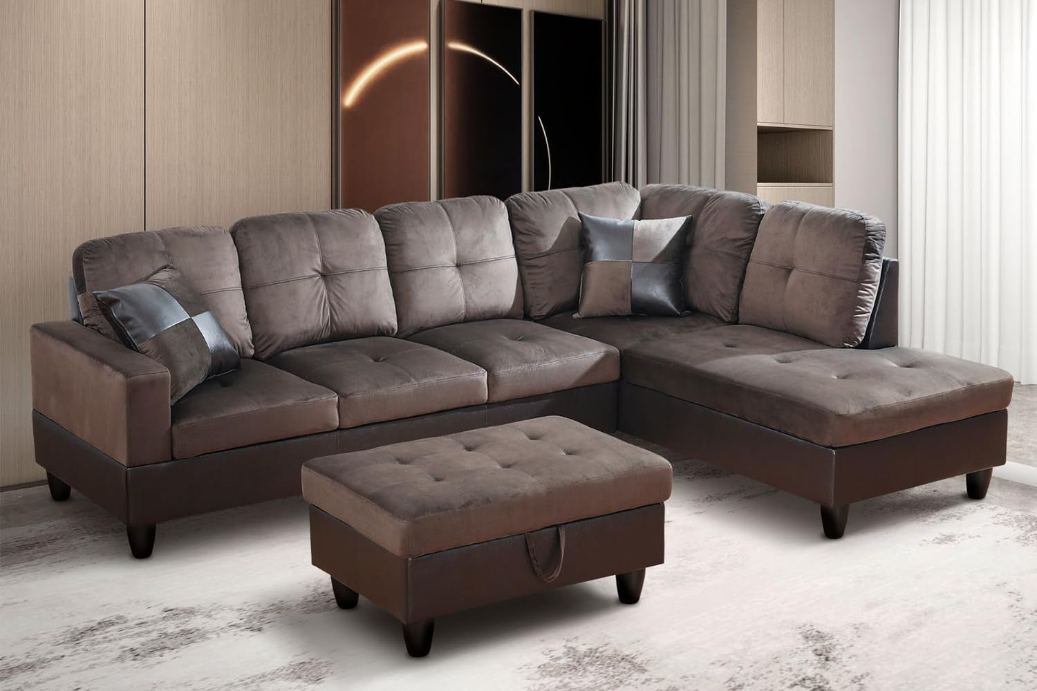 Dark Brown Sectional Couch for Living Room Set, 105 Inch Sectional Sofa L Shaped Couch with Storage Ottoman/Microfiber Fabric/Facing Right Chaise-0