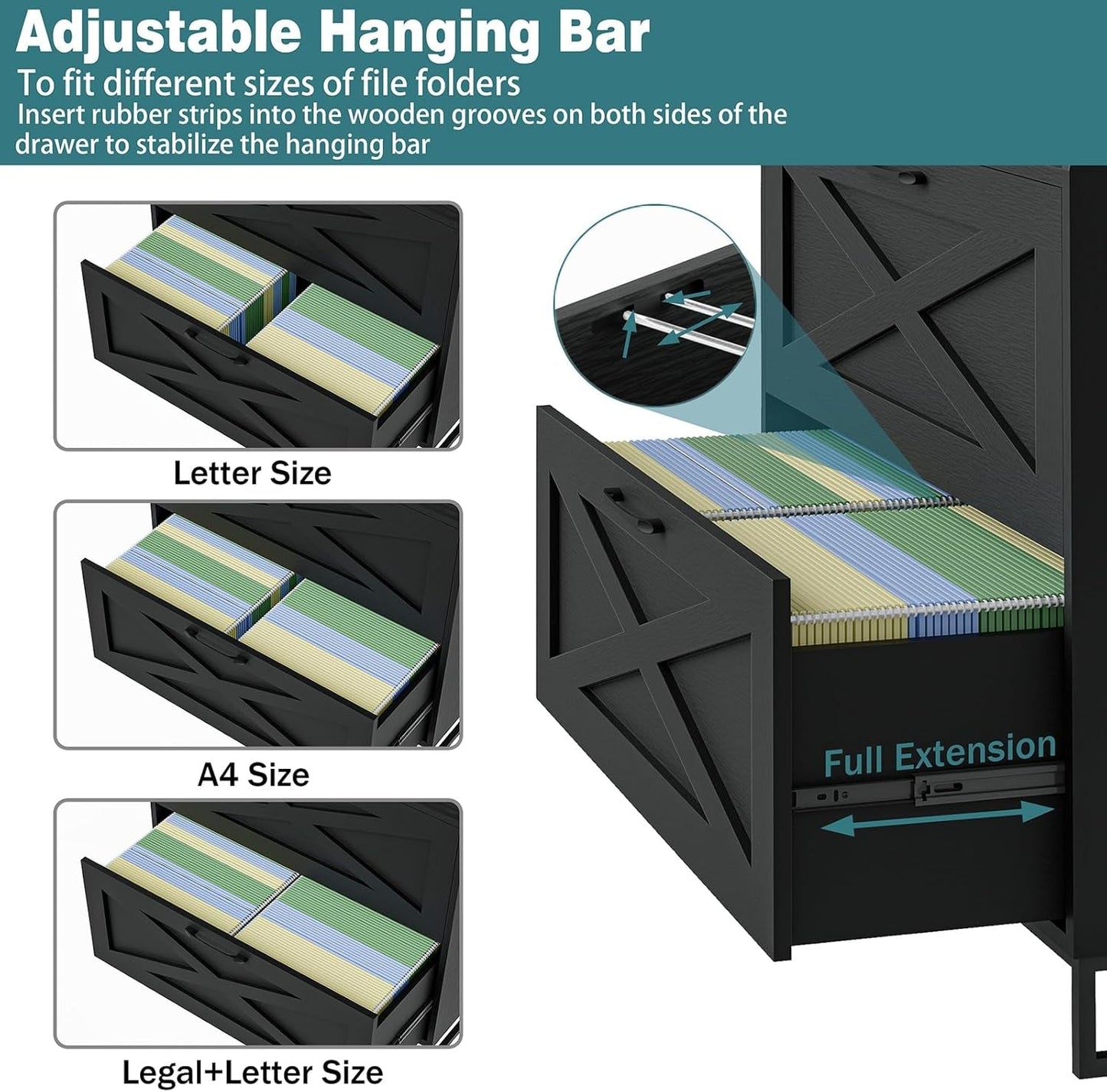 Lateral File Cabinet 2 Drawer File Cabinet with Charging Station for Legal/Letter/A4 Size Hanging Files, Modern Farmhouse Large Wood File Storage Cabinet Printer Stand for Home Office Furniture(Black)-3