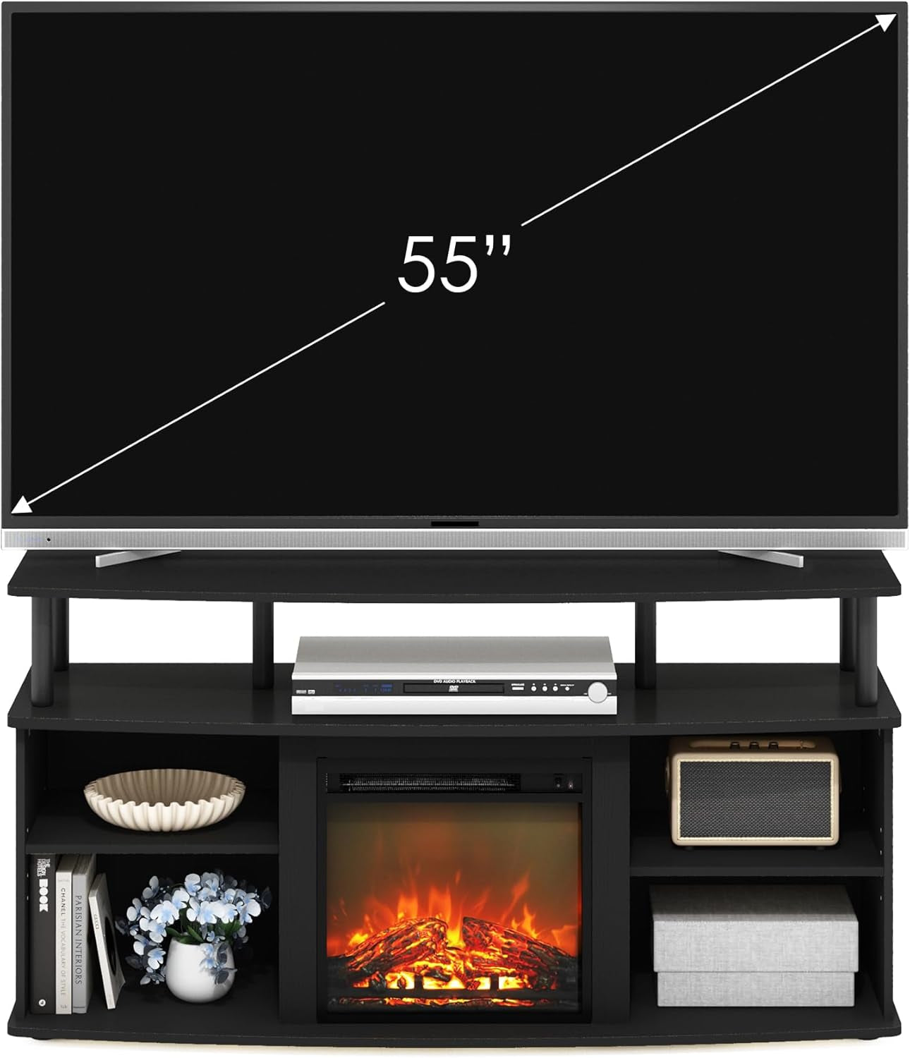 Jensen Open Shelving Storage Fireplace TV Entertainment Center for TV up to 55 Inch, Americano/Black-3