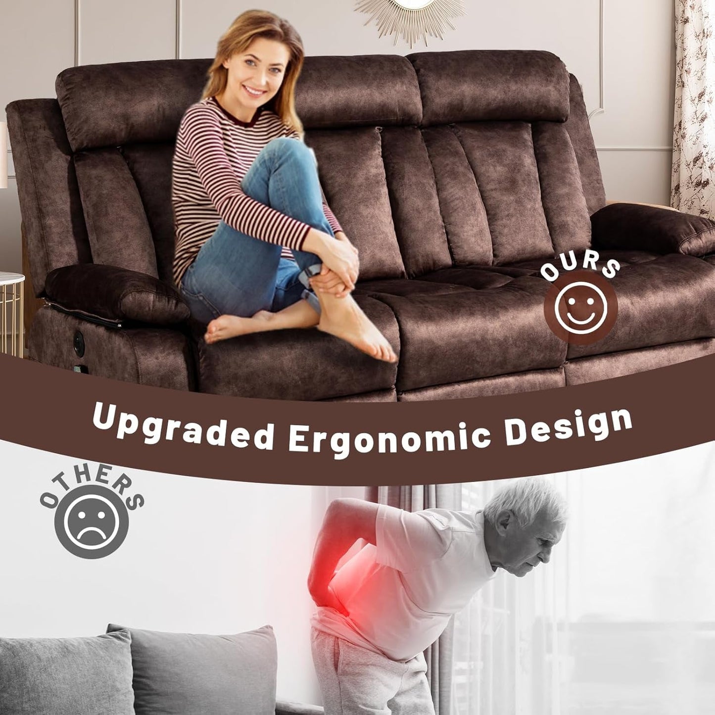 Electric Power Reclining Sofa Set - 3-Seater with Flip-Top Console & Massage Heat, Faux Leather Dual Recliner with USB Ports & Storage, Perfect for Living Room Comfort & Convenience (Brown)-3