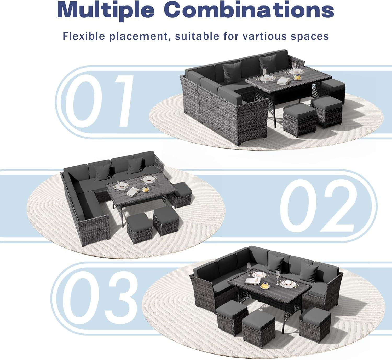 7 Pieces Patio Dining Sets, Patio Furniture Set, All Weather Wicker Conversation Set with Ottoman, Sectional Sofa with Dining Table and Chair (6227 Grey-Grey)-2