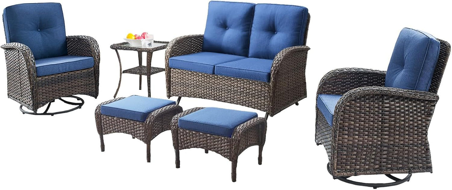 6 Piece Patio Conversation Sets - Wicker Patio Furniture Sets with Outdoor Swivel Rocker Chairs, Glider Loveseat Perfect for Patio Deck Backyard, Brown Wicker Blue Cushion-0