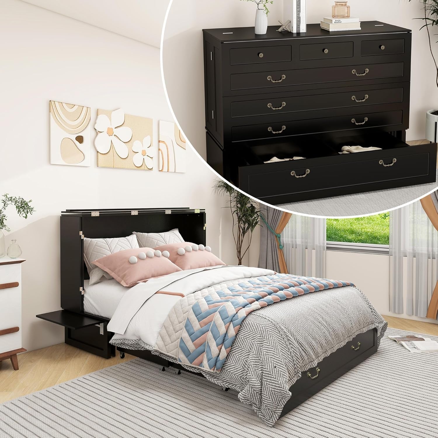 Queen Murphy Bed Cabinet with Charging Station and Drawers-0