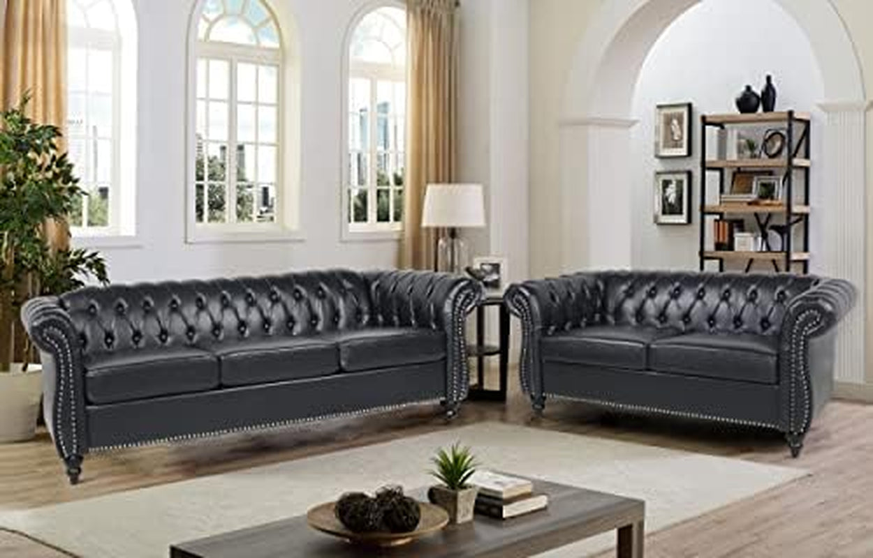 Black Faux Leather Chesterfield Sofa Set 3-Seater & Loveseat-0