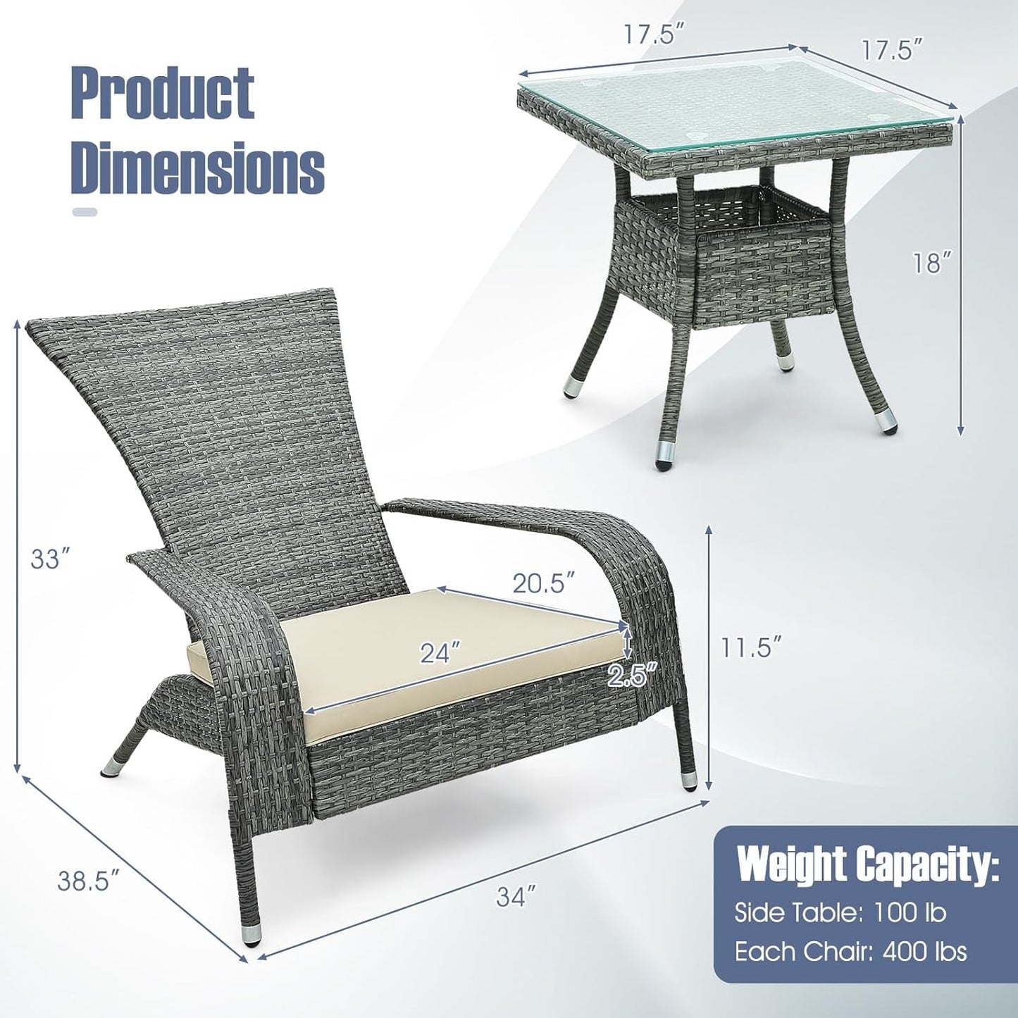 3-Piece Wicker Adirondack Set, Ergonomic Oversized Rattan Chairs W/Coffee Table, Comfy Seat Cushions, Tempered Glass Tabletop, Patio Wicker Conversation Set for Porch (Wicker, 3-Pc)-4