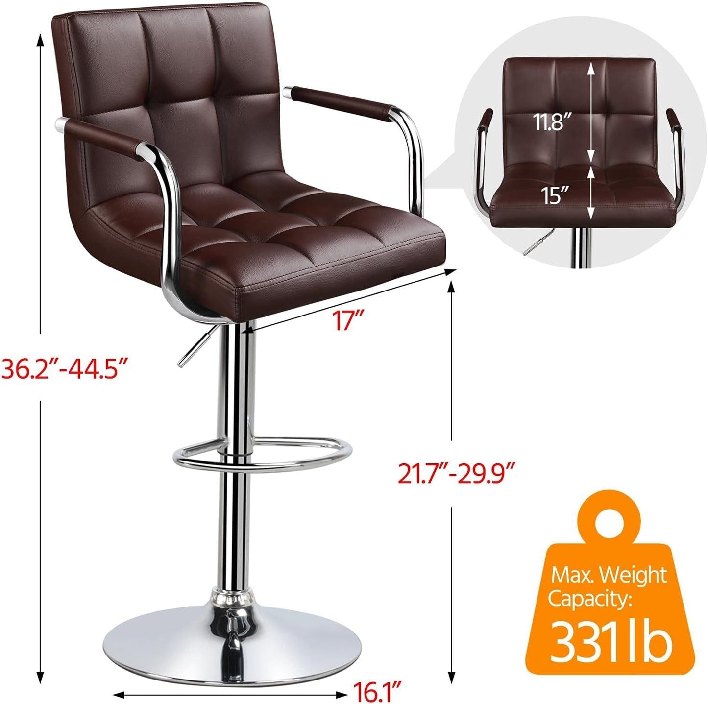 Tall Bar Stools Set of 2 Modern Square PU Leather Adjustable Barstools Counter Height Stools with Arms and Back Bar Chairs 360° Swivel Stool, Brown-2