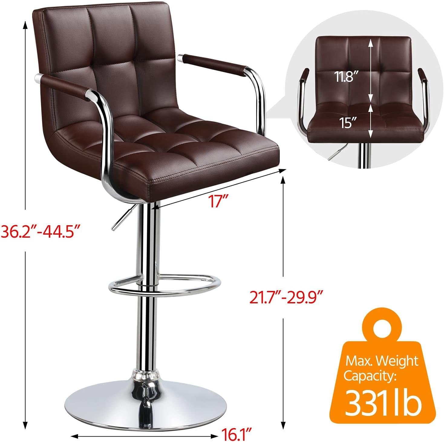 Tall Bar Stools Set of 2 Modern Square PU Leather Adjustable Barstools Counter Height Stools with Arms and Back Bar Chairs 360° Swivel Stool, Brown-2