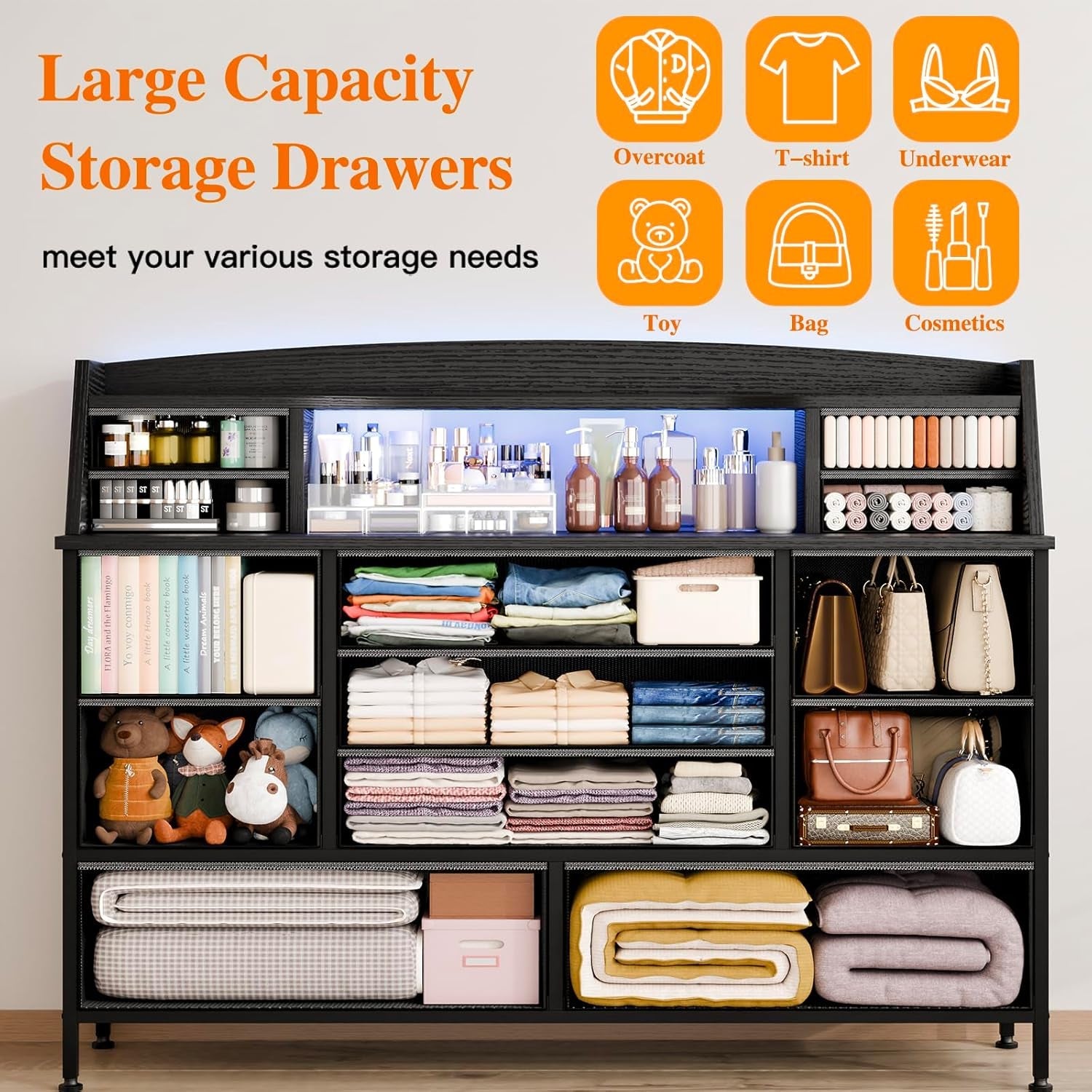 Black Nursery Dresser for Bedroom with 13 Drawers, Fabric Chest of Drawers with PU Finish for Kids, Boys, Adults, Nursery, Living Room, Closet, Entryway, Hallway (No LED Lights)-2