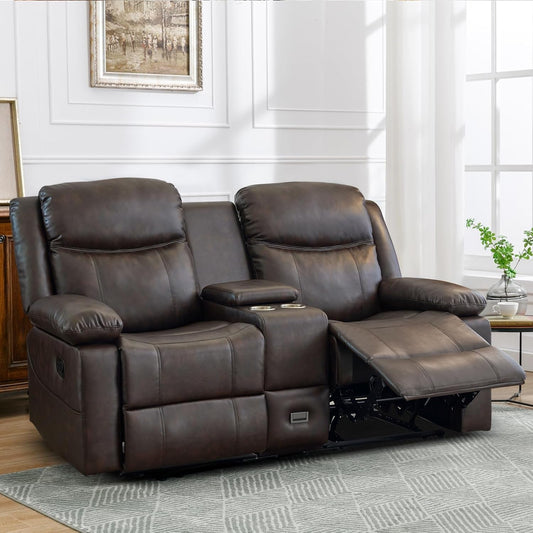 Loveseat Recliner, Reclining Loveseat with Console, Double Reclining Loveseat, 2 Seater Manual Reclining Couch for Living Room, Office, Home Theater(Pu-Brown)-0