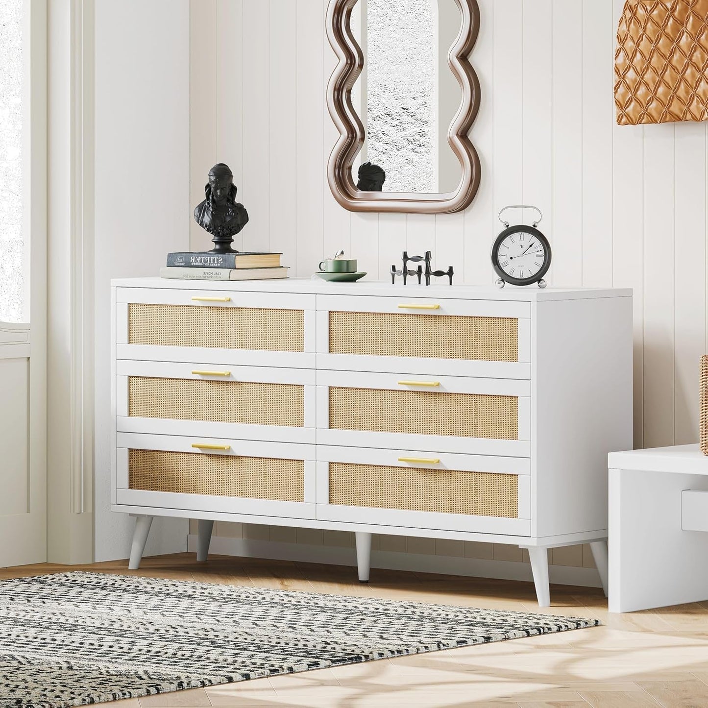 6 Drawer Double Dresser for Bedroom, Rattan Chest of Dressers, Modern Wooden Dresser Chest with Golden Handles, beside Table for Closet, Living Room and Entryway, White and Natural-0