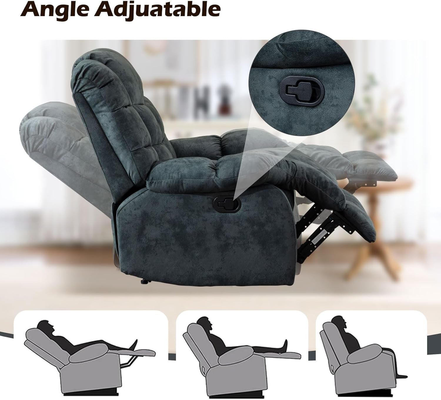 Reclining Living Room Set, One Seat Manual Recliner, Loveseat Recliner Sofa and 3PC Bonded Manual Recliner Set, Grey(Recliner+Loveseat+Sofa)-4